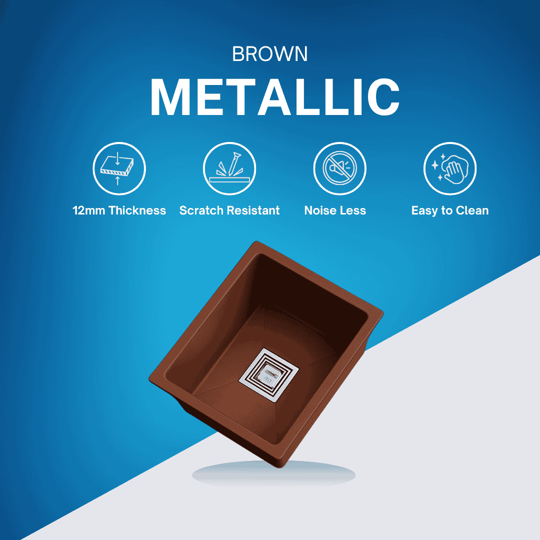 Top view of brown metallic 18x21x9 kitchen sink with square waste coupling