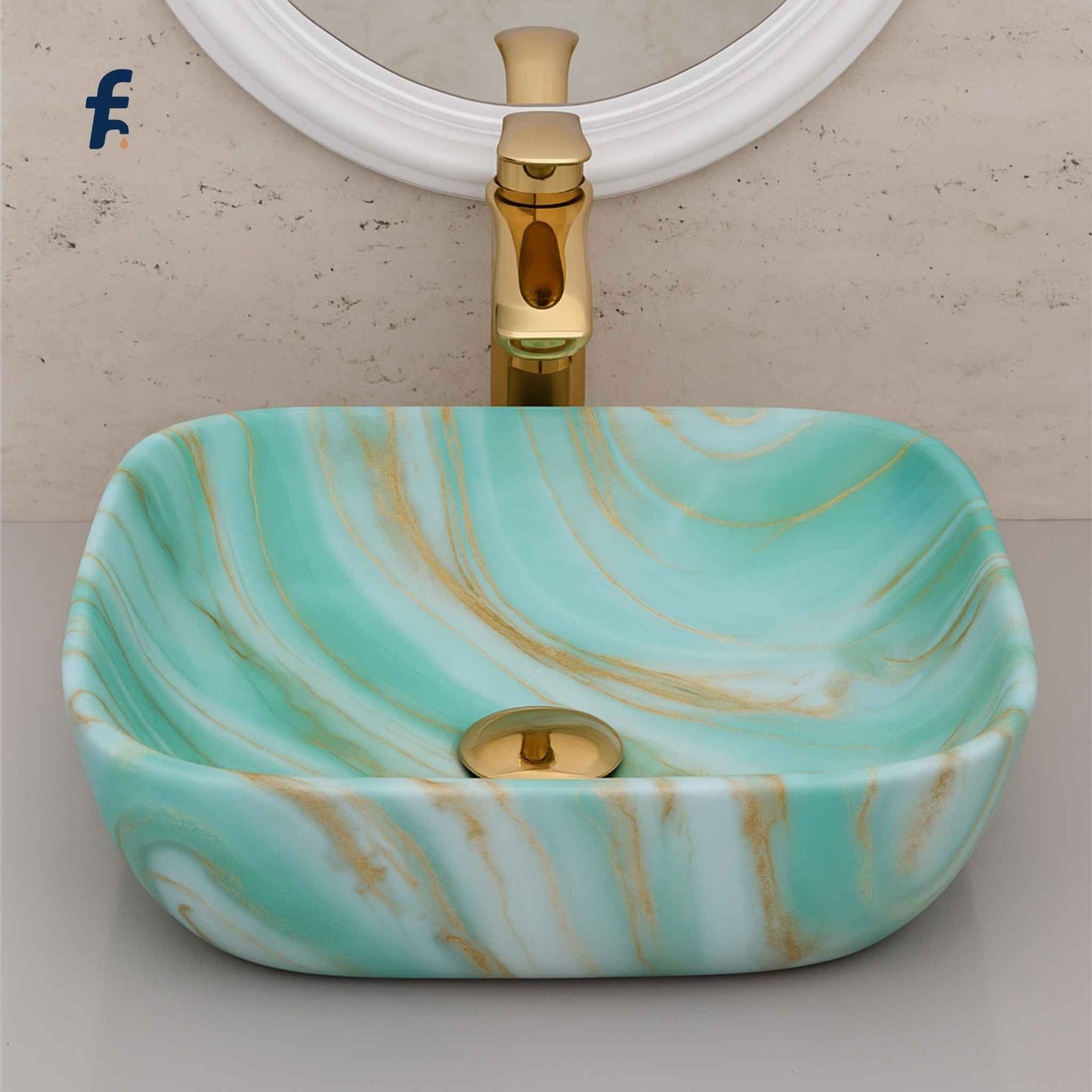 Marble-patterned sink with gold faucet against a neutral wall, Close-up shot of mint green marble wash basin with gold faucet