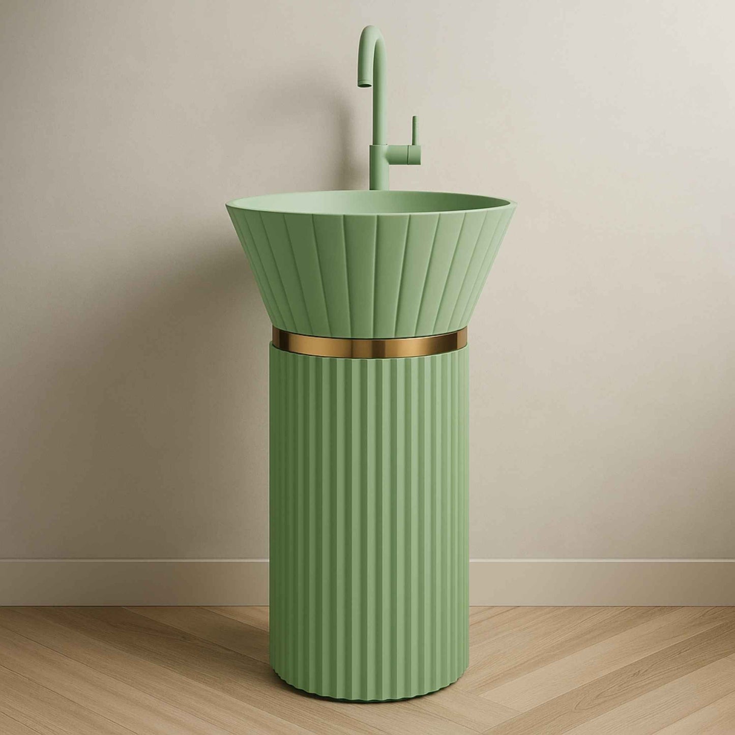 Mint green pedestal basin in a luxury modern bathroom setup