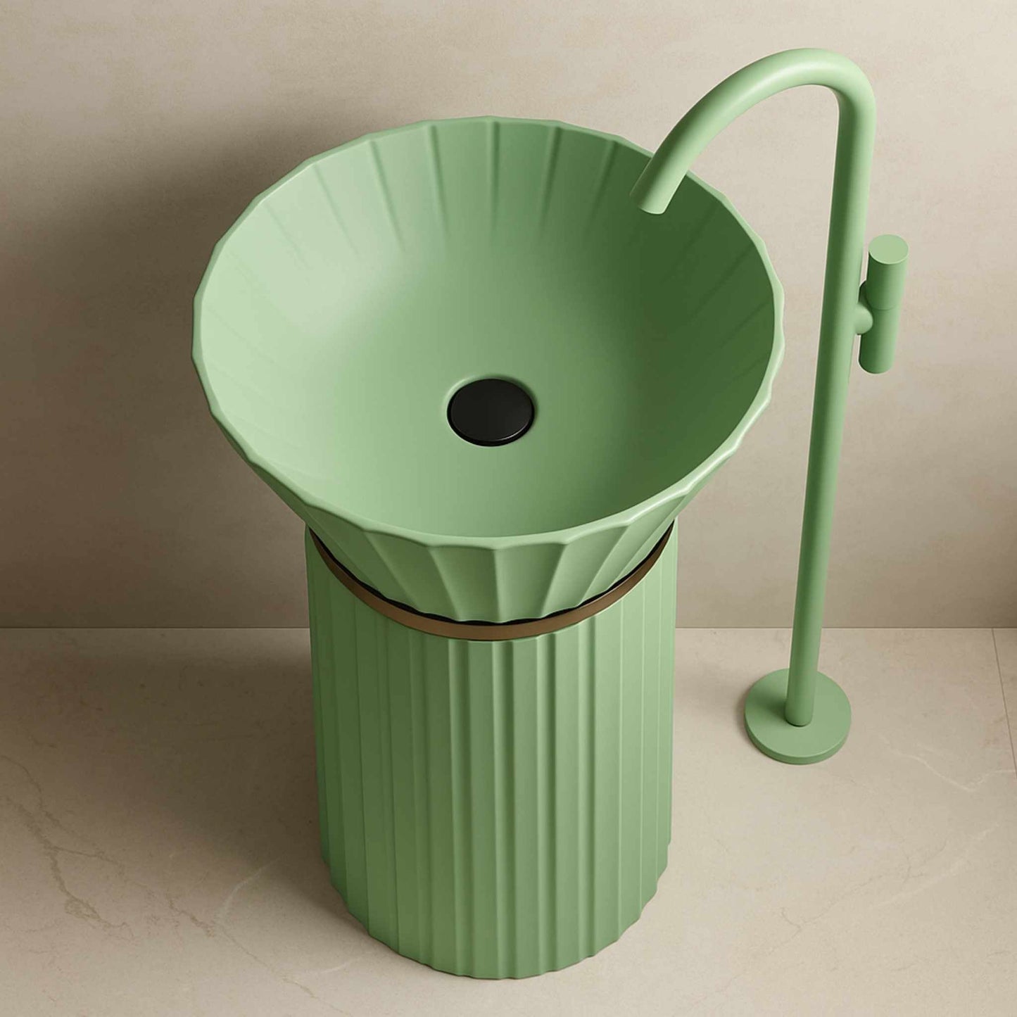 Top-down view of green basin with matching tap and sculpted bowl