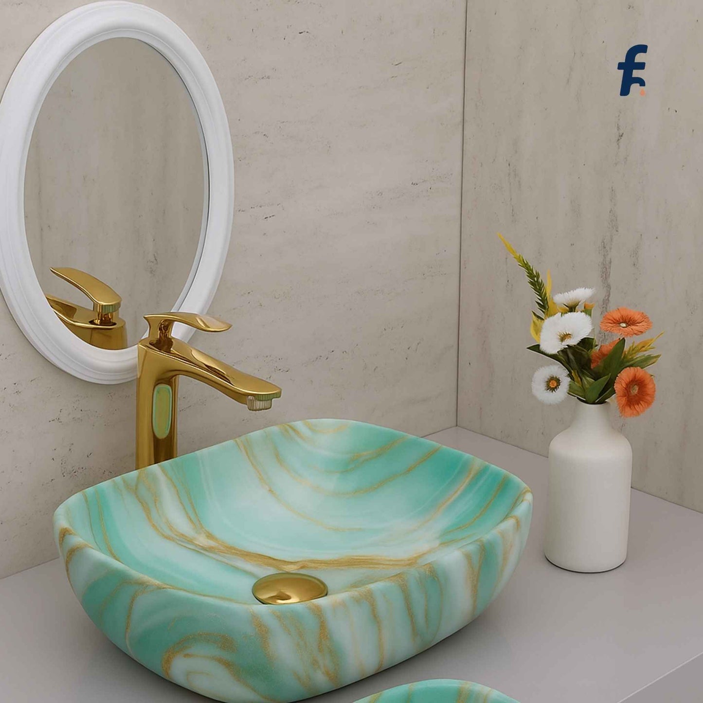 Bathroom setup with a green marble-patterned sink, gold faucet, mirror, and vase with flowers, Mint green marble finish countertop wash basin front view.