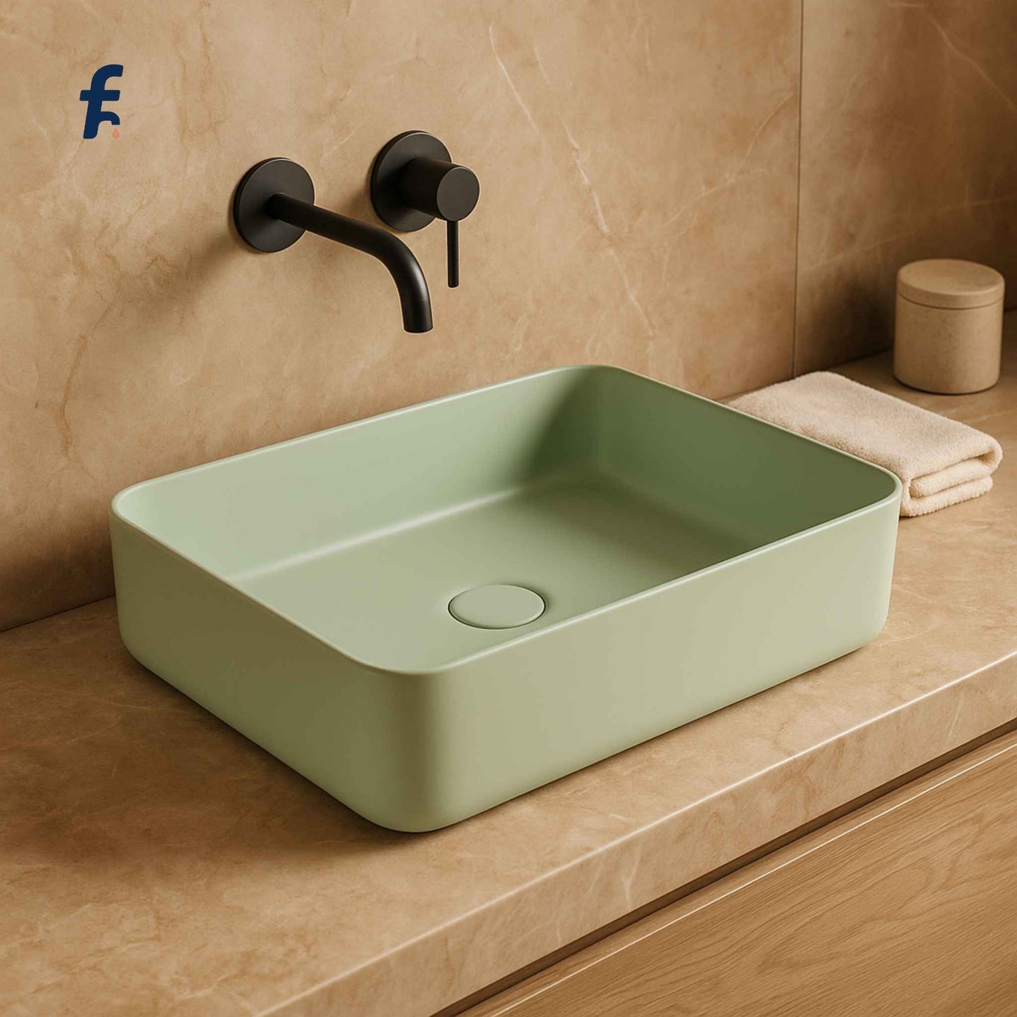 Green rectangular sink on a beige countertop with a black faucet., Rectangular modern vessel sink in pastel green