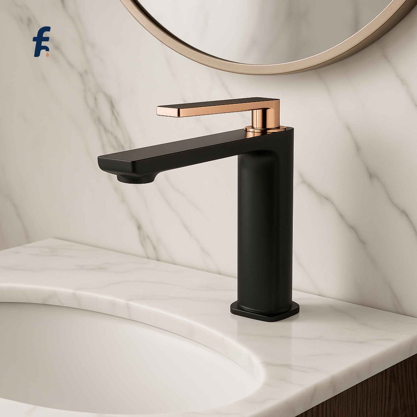 Black and rose gold faucet on a marble countertop with a mirror in the background, Full vanity setup with luxury matte black rose gold faucet