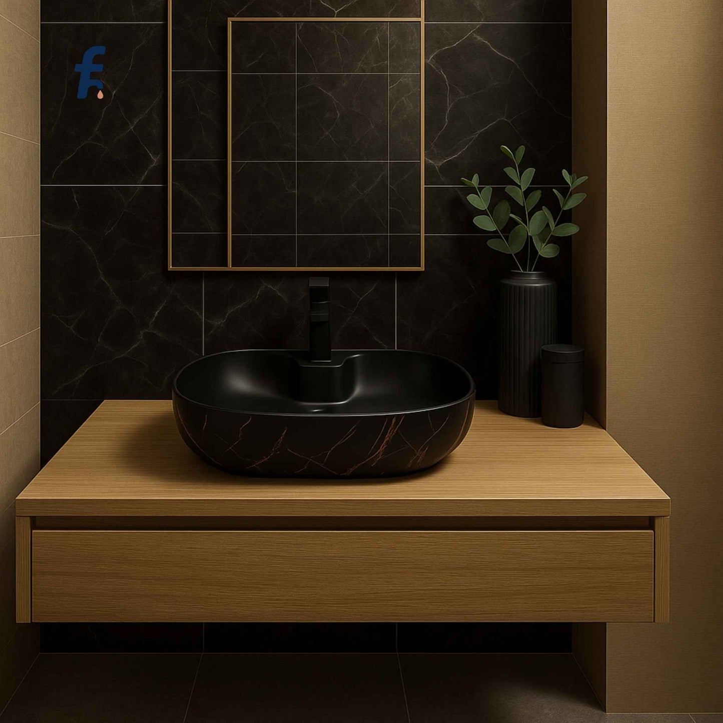 Bathroom setup with a black marble sink on a wooden vanity against a dark tiled wall.
