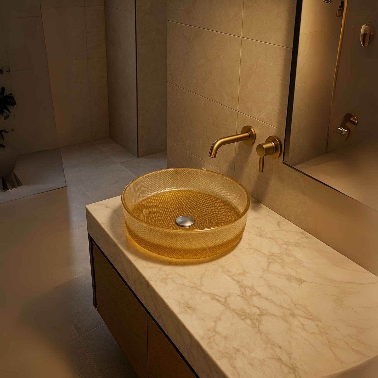 Top angle of golden oval glass basin for modern vanities