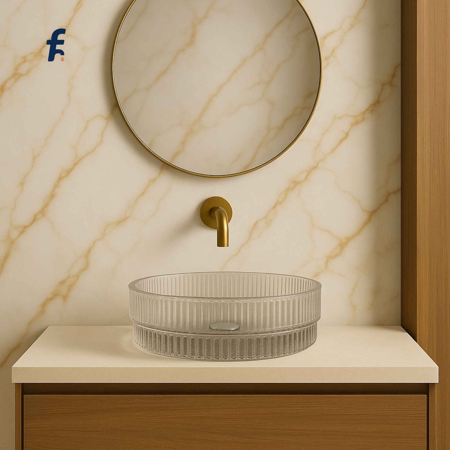 Luxurious modern bathroom featuring fluted transparent round glass wash basin