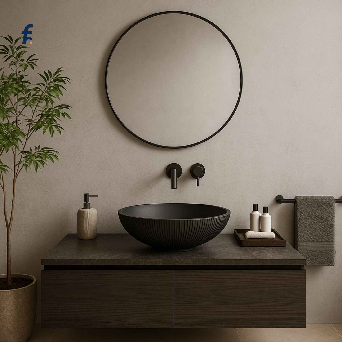 Modern bathroom with round mirror, black sink, and minimal decor.