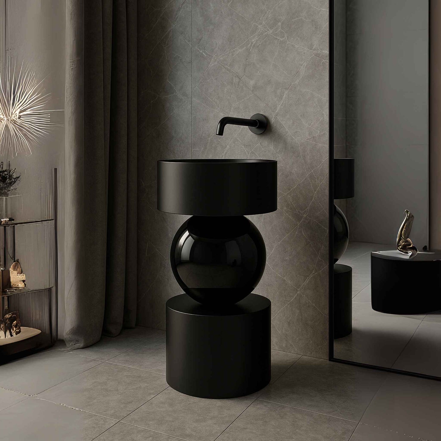 Luxury bathroom interior with black pedestal basin