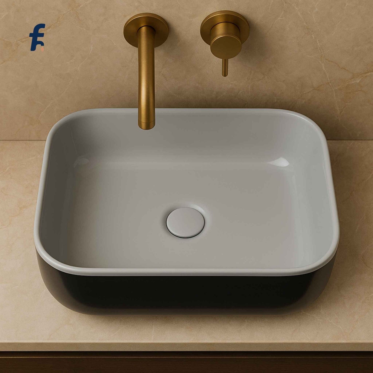 Bathroom sink with gold faucet on beige tiled wall, Rectangular designer vessel sink for bathroom