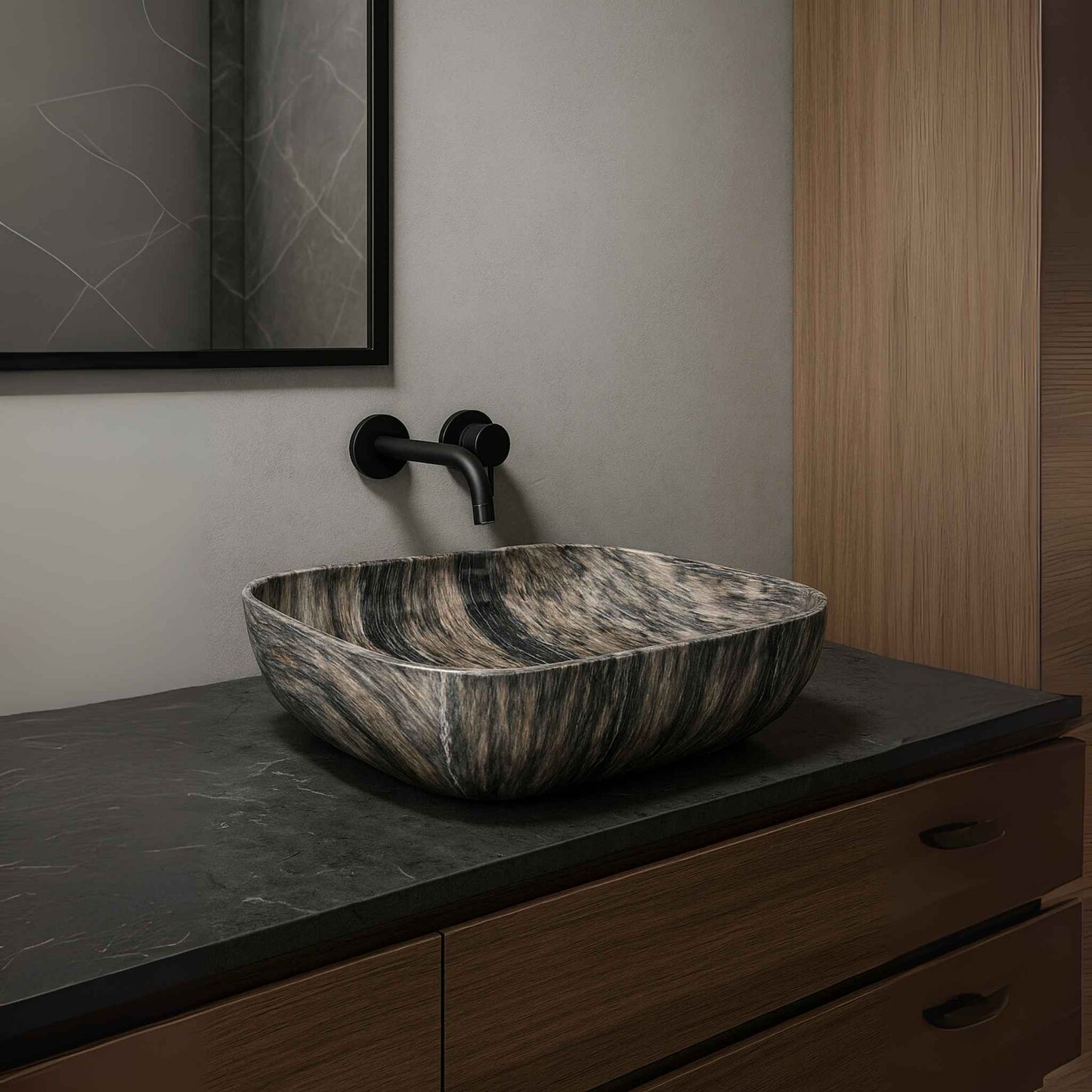 Designer above counter ceramic basin with black-beige pattern