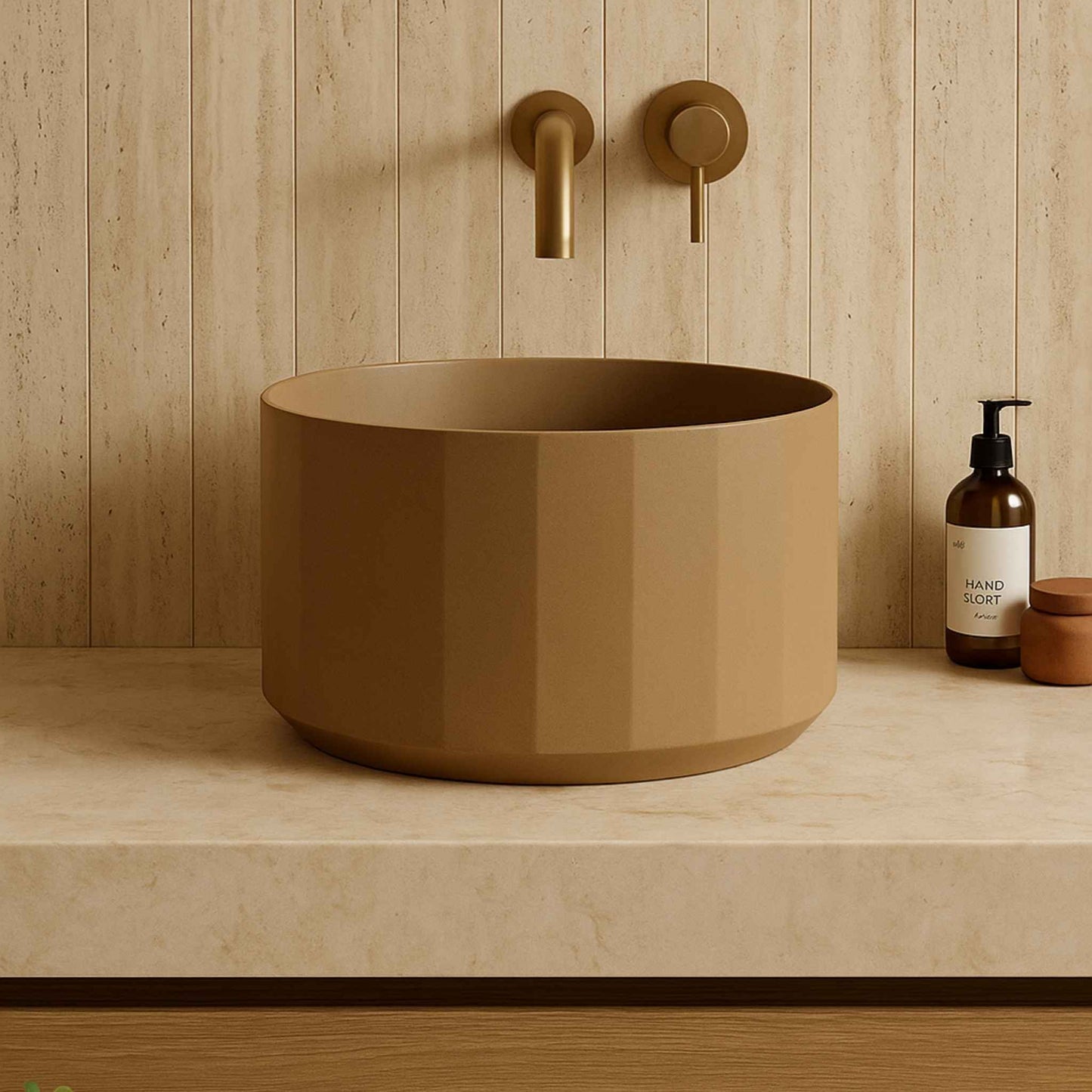 “Front view of a modern designer stone washbasin in a luxurious bathroom setting with wall-mounted faucet”