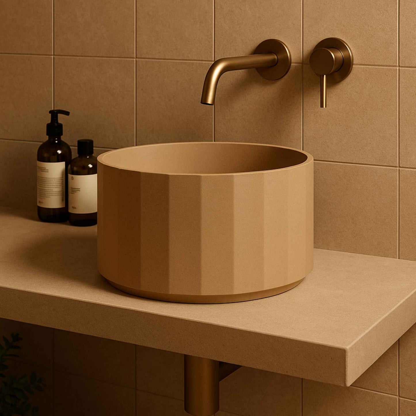 “Side angle of a contemporary stone washbasin in a luxury bathroom highlighting textured finish and premium faucet”