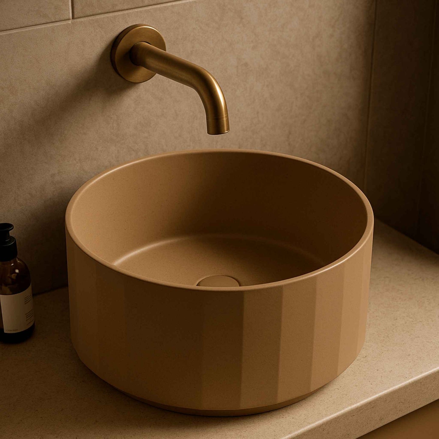 “Top angle close-up of a modern designer stone basin in an elegant luxury bathroom”