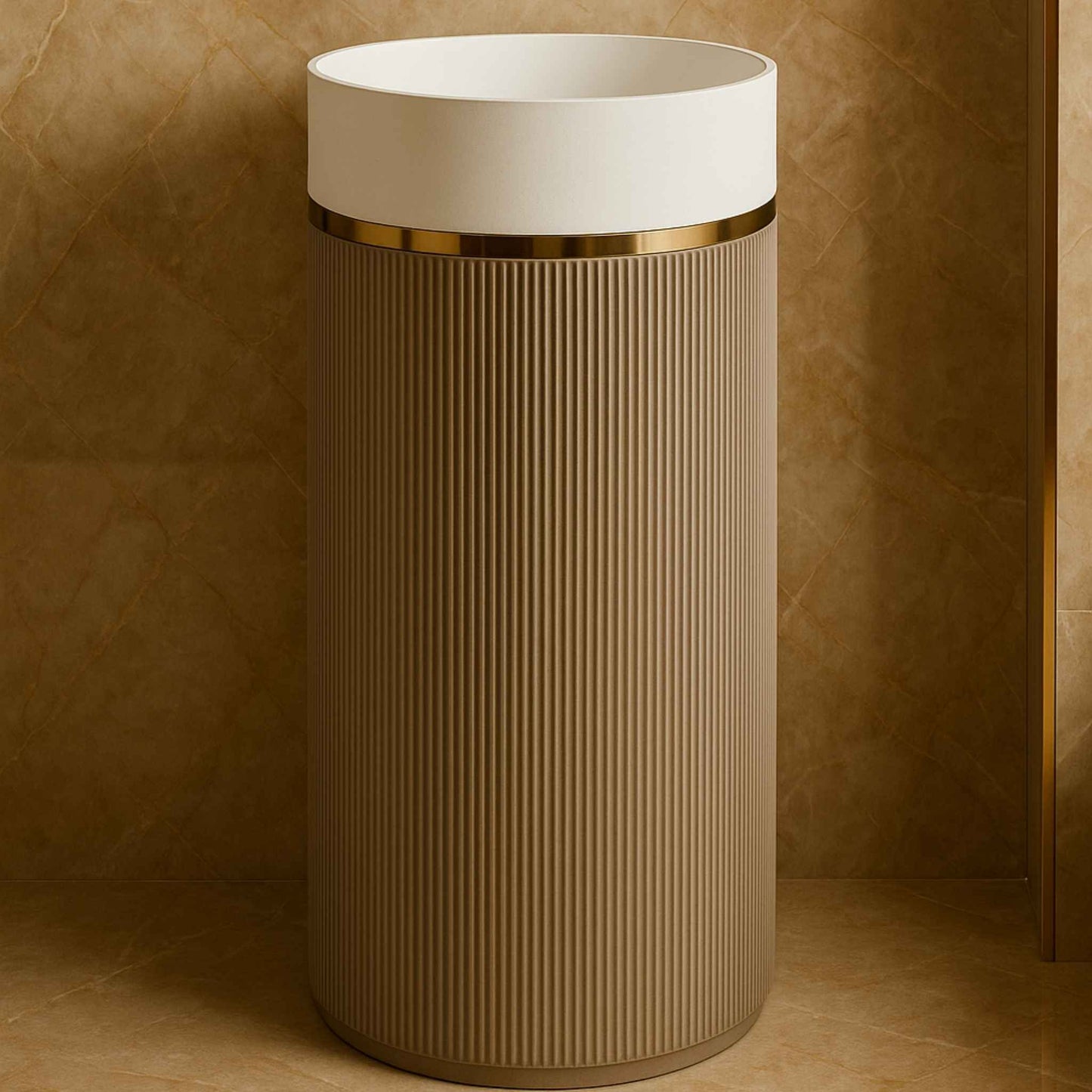 Full view of luxury bathroom featuring freestanding modern fluted pedestal basin as focal point.
