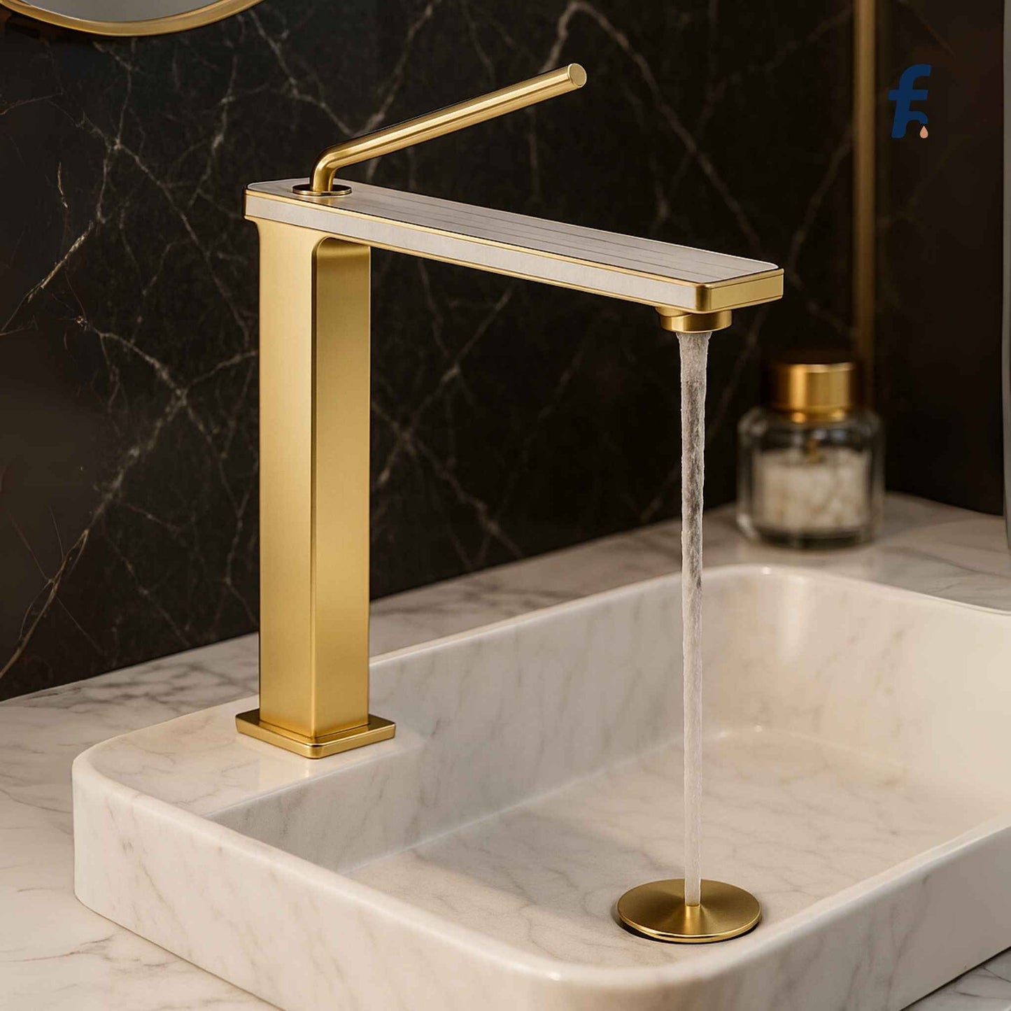 Gold faucet with water flowing into a marble sink against a dark marble wall. Gold modern bathroom faucet with 60CM braided hose included.