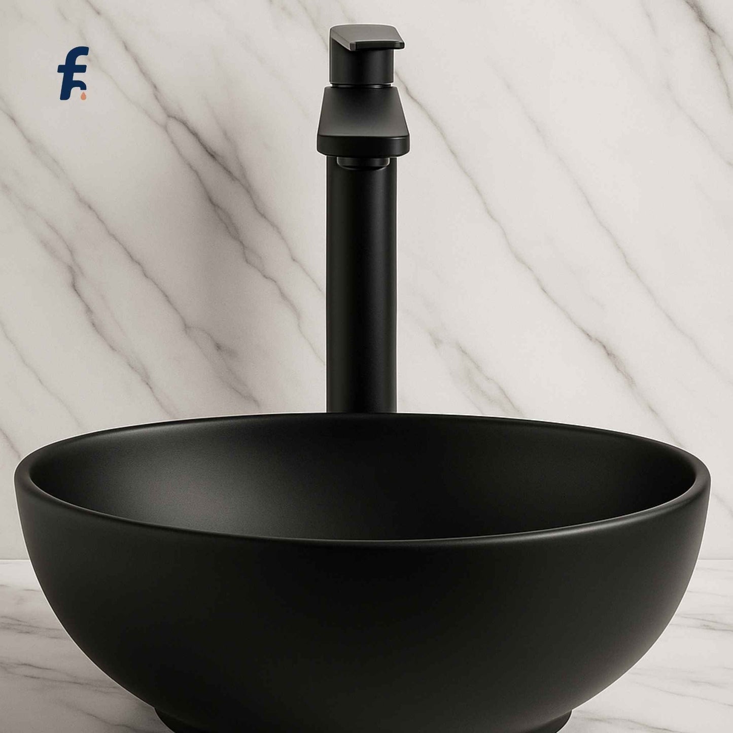 Black sink with faucet on a marble background, Modern single lever gun grey basin faucet for countertop washbasins