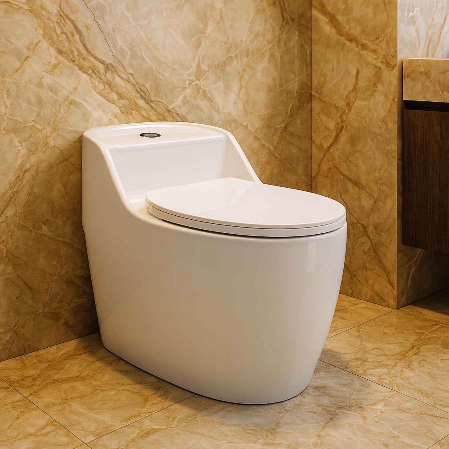 Integrated toilet in a luxury marble bathroom – side angle view