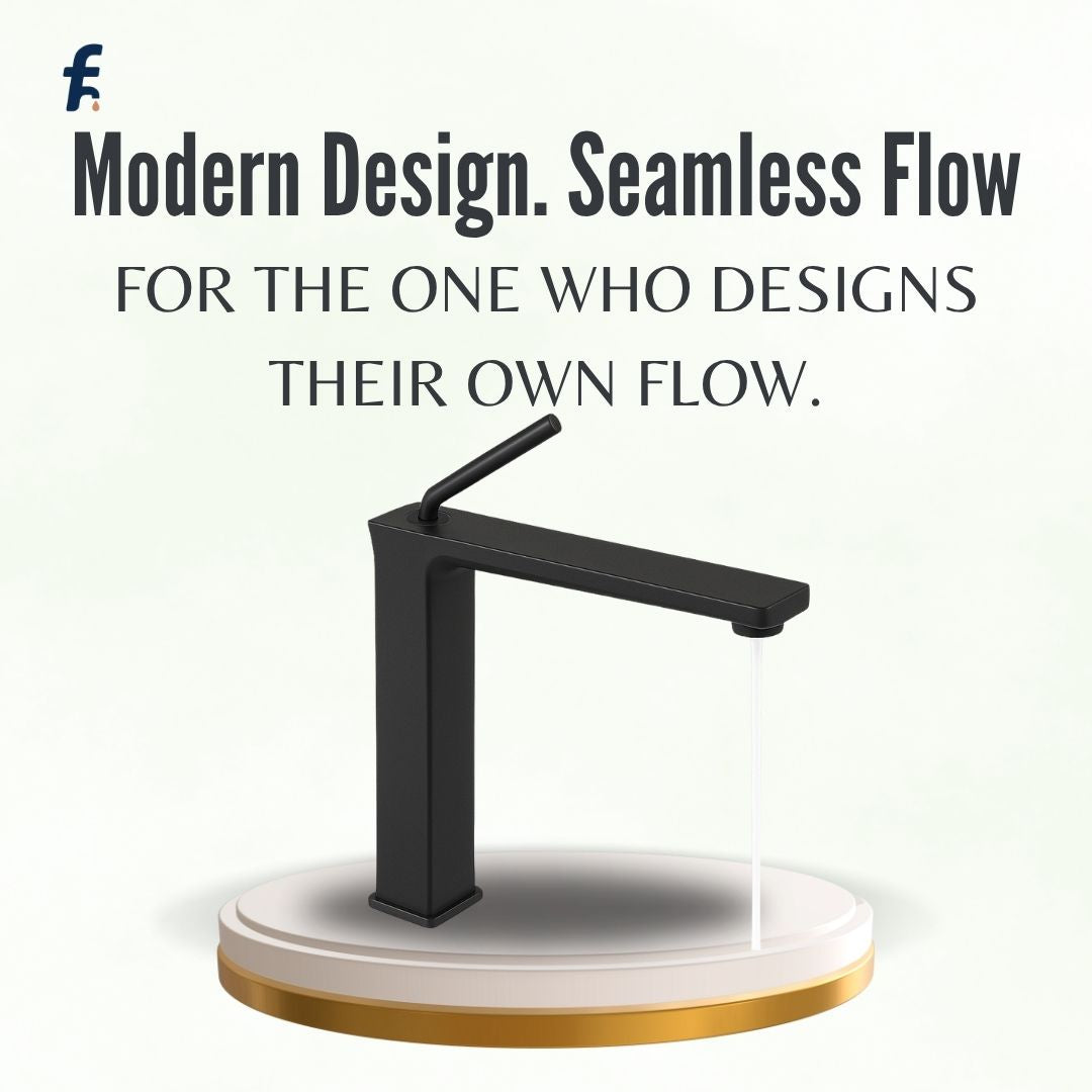 Black faucet on a white background with text about modern design and seamless flow. Modern matte black faucet luxury basin tap to enhance contemporary bathroom décor