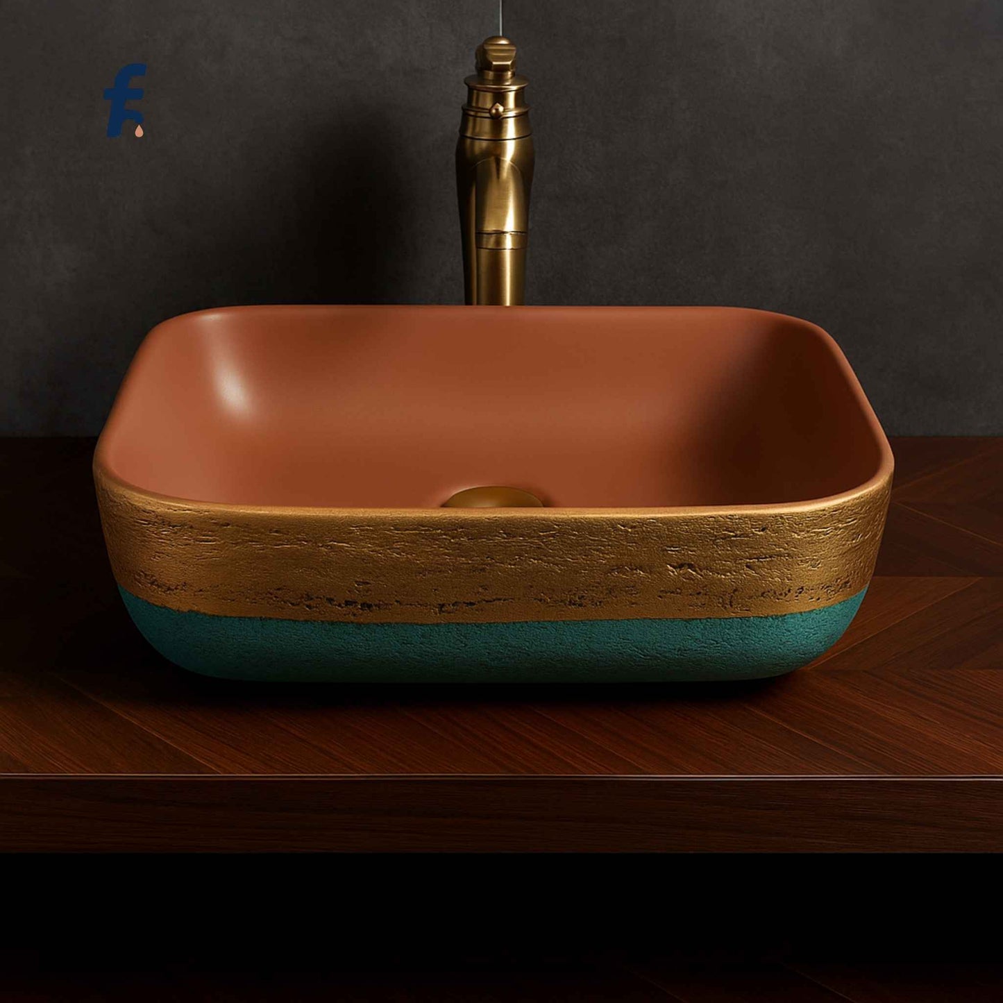 Top view of designer ceramic bathroom sink with golden texture