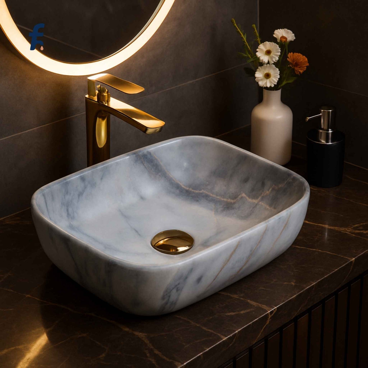 Marble sink with gold faucet in a bathroom setting, Full vanity view featuring blue marble ceramic basin – modern bathroom, affordable design