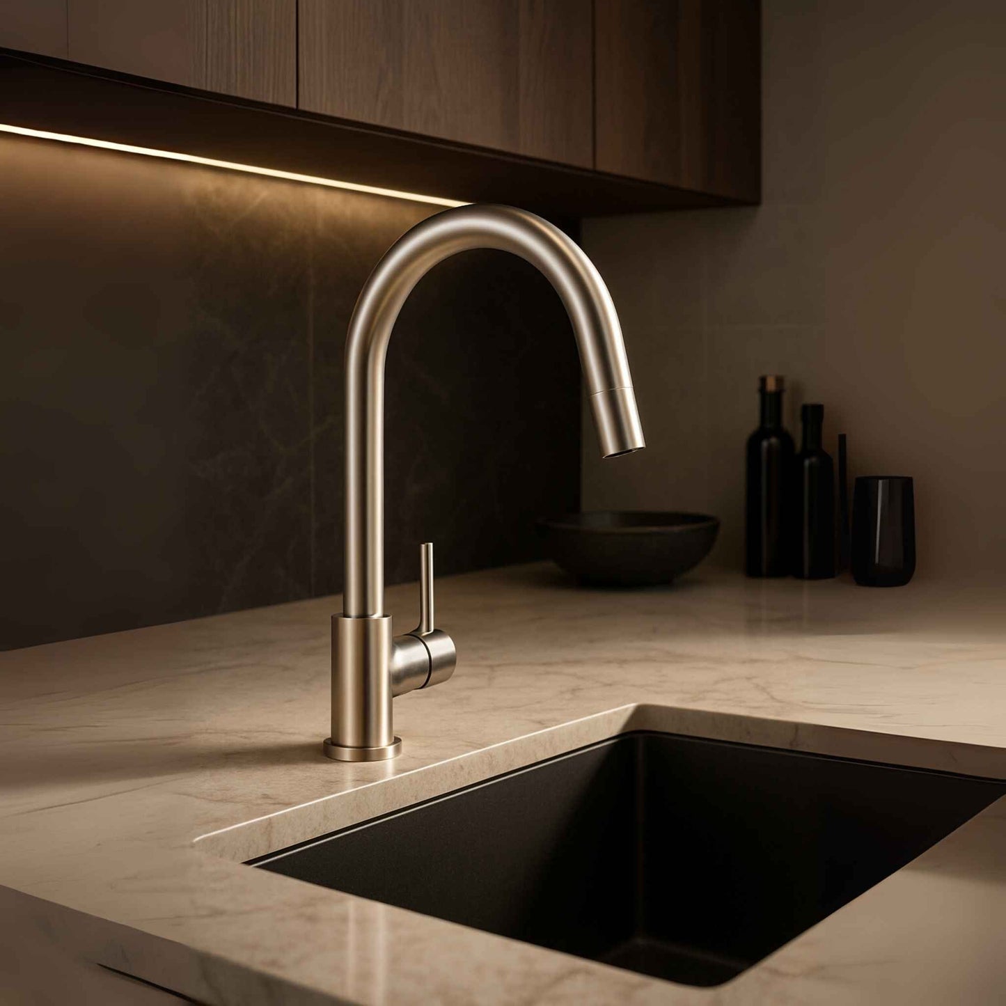 Kitchen faucet brushed nickel in Indian modular kitchen with quartz counter