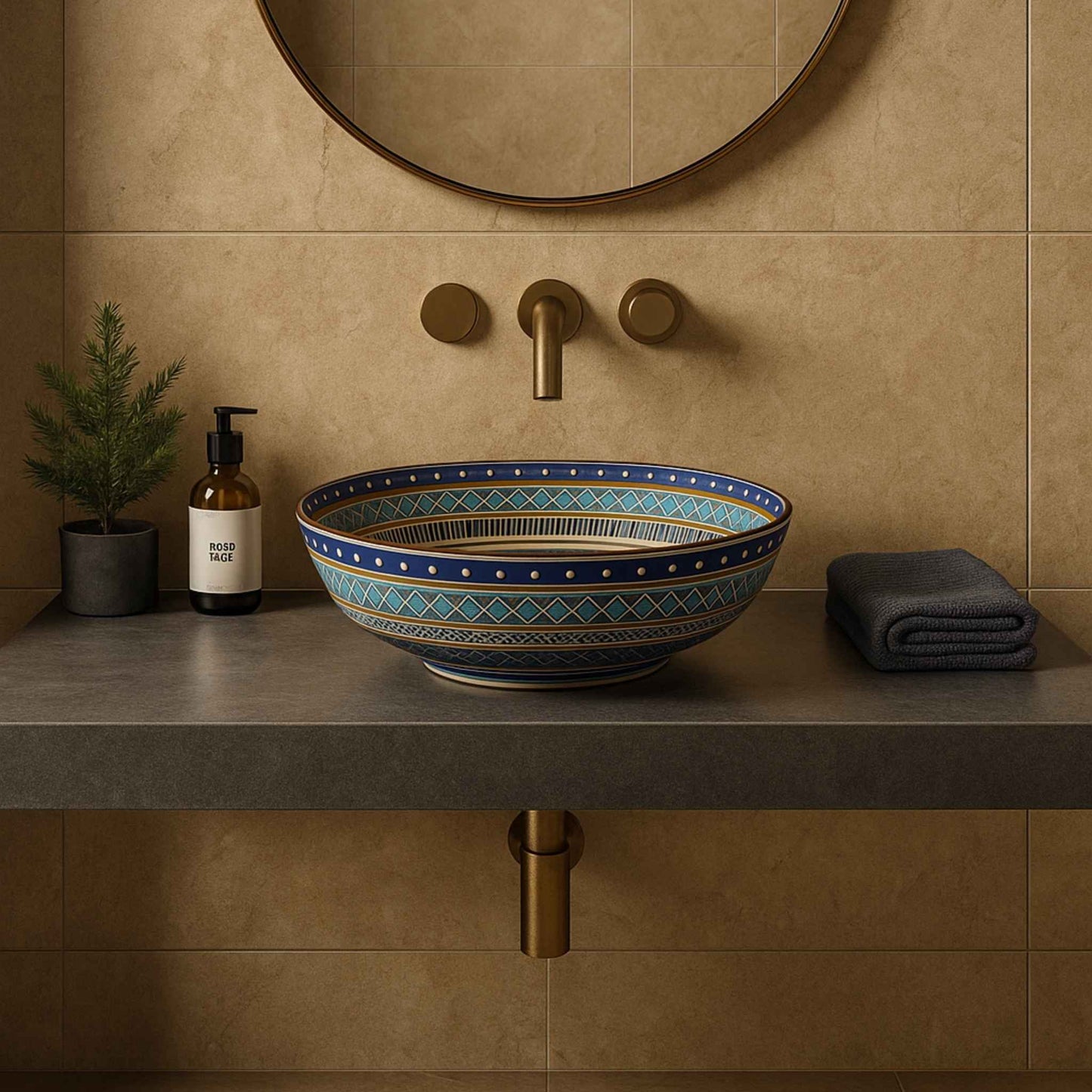 Luxurious bathroom with Moroccan round ceramic wash basin centerpiece