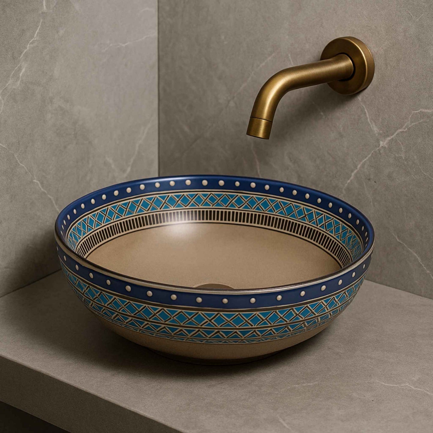 Side view of round Moroccan ceramic sink in modern bathroom