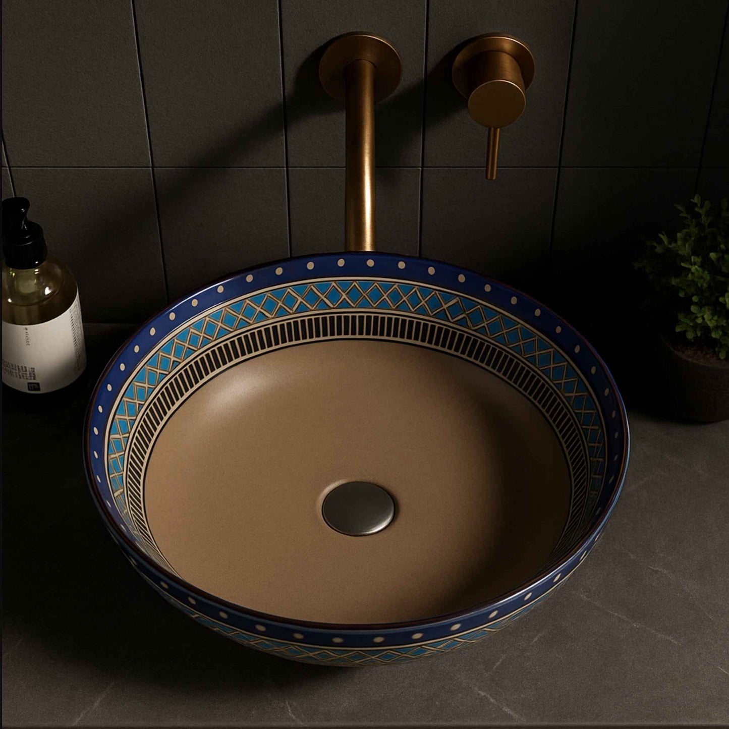 Top angle of designer Moroccan bathroom basin with blue patterns