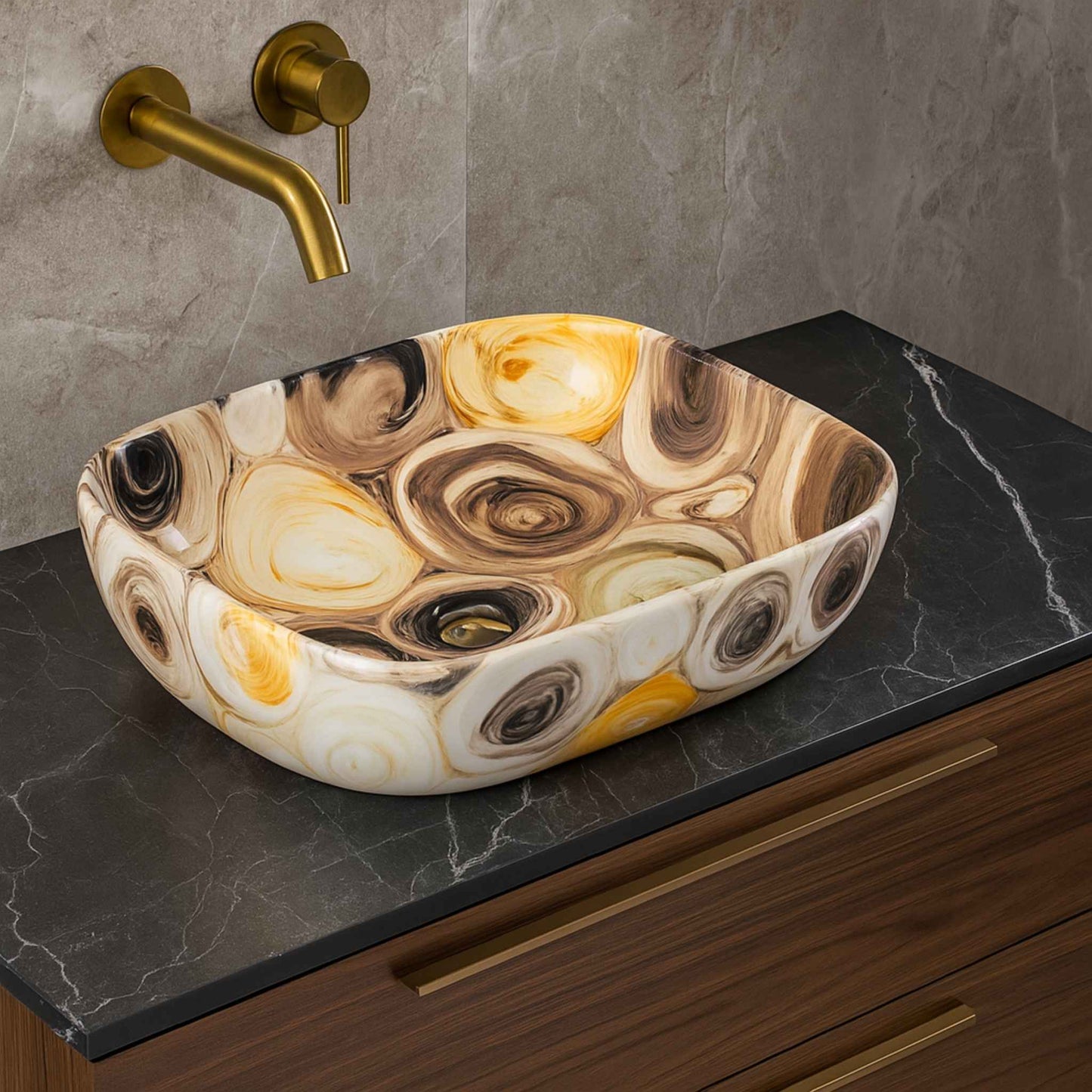 Side profile of artistic ceramic wash basin with yellow, black, and brown swirls
