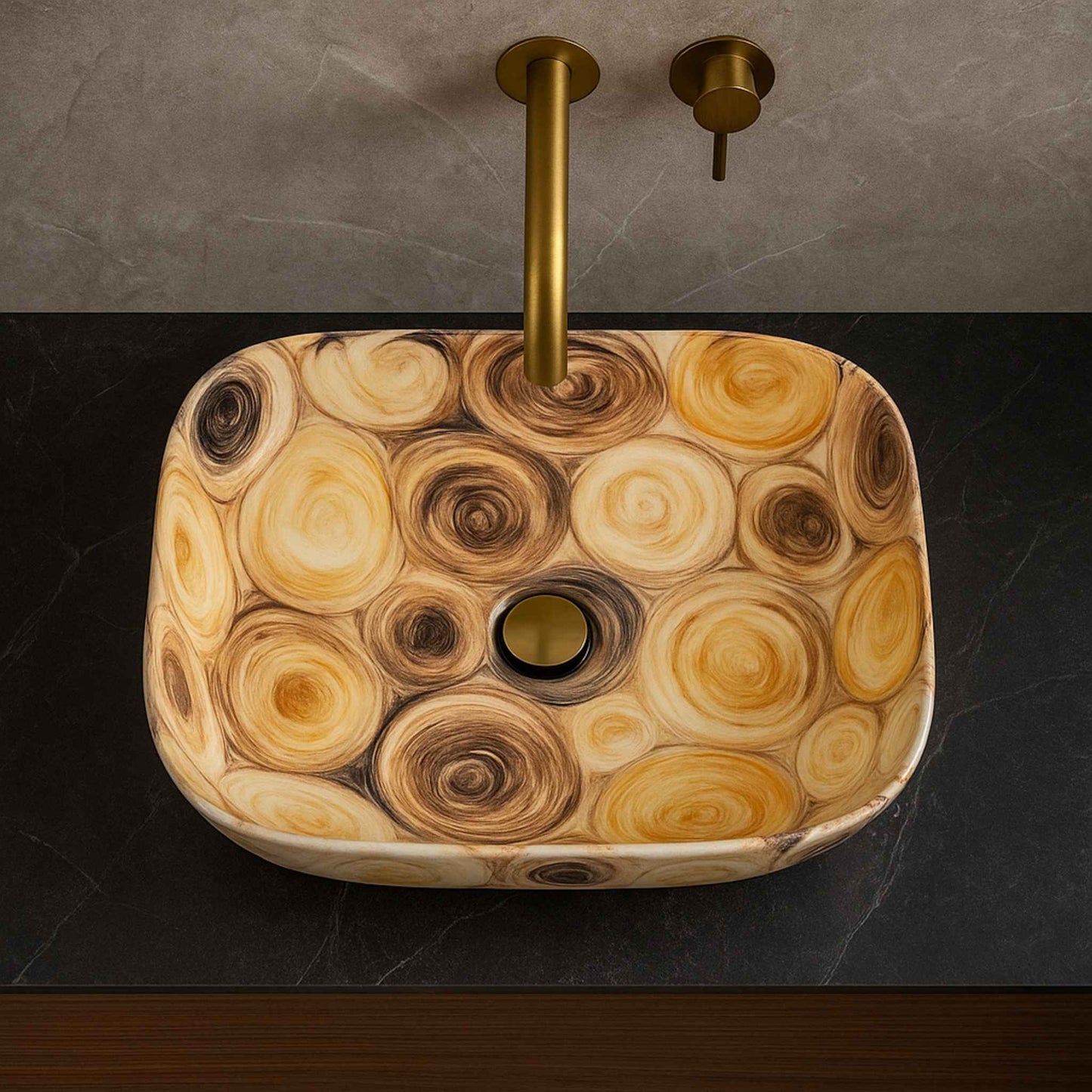 Top view of rectangular hand-painted ceramic countertop basin with swirl design