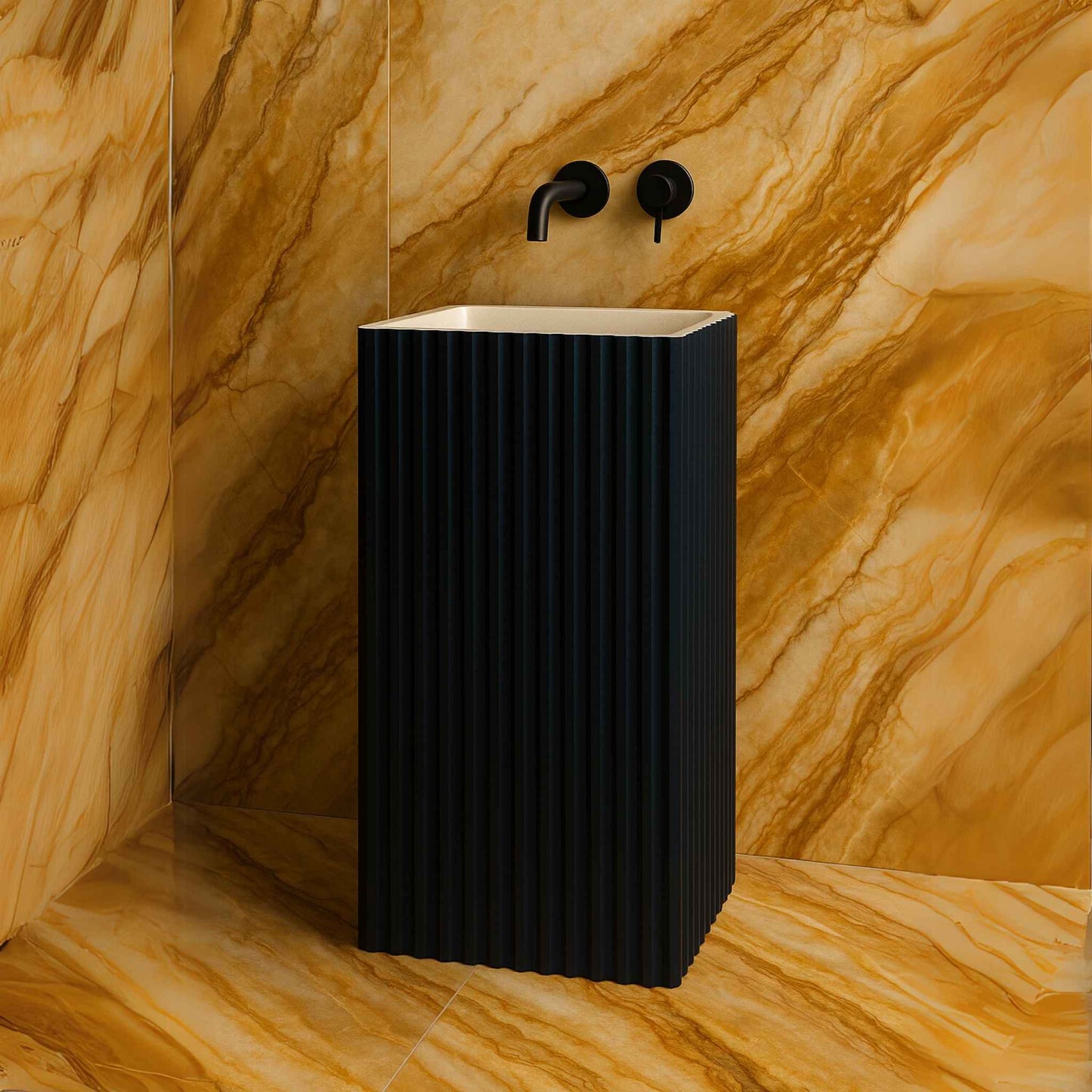 Promotional image of navy designer pedestal sink with black faucet