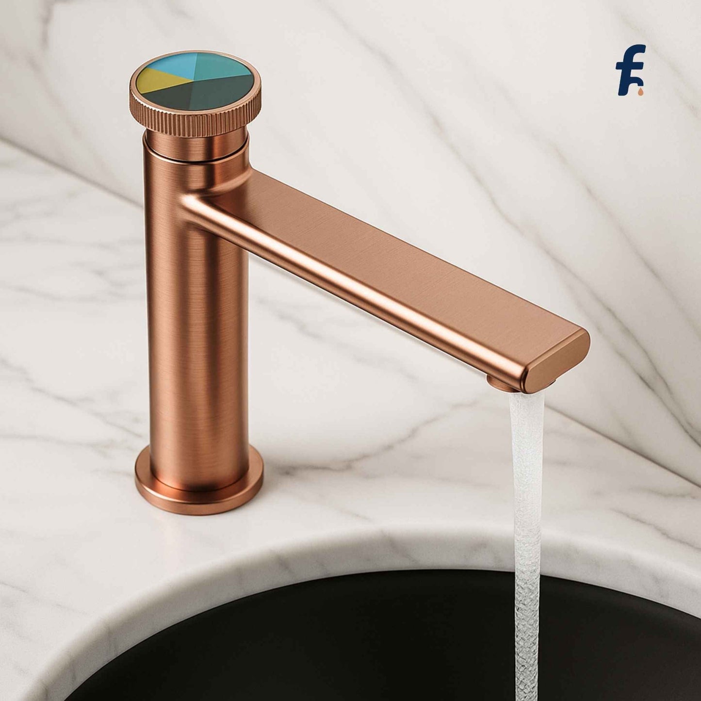 Rose gold faucet with water flowing on a marble countertop, Top angle of rose gold brass tap NCGF 508