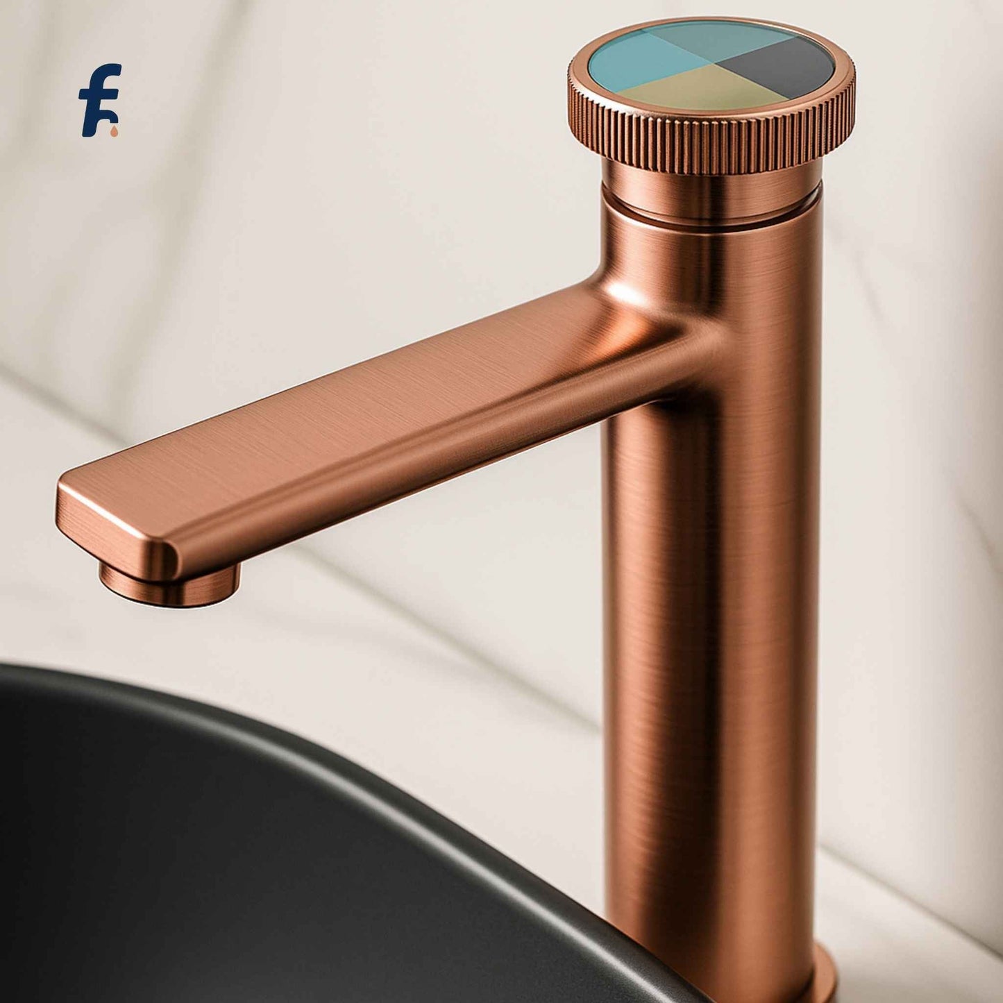 Bronze faucet with a black basin on a light background, Side close-up of tall rose gold faucet with premium finish