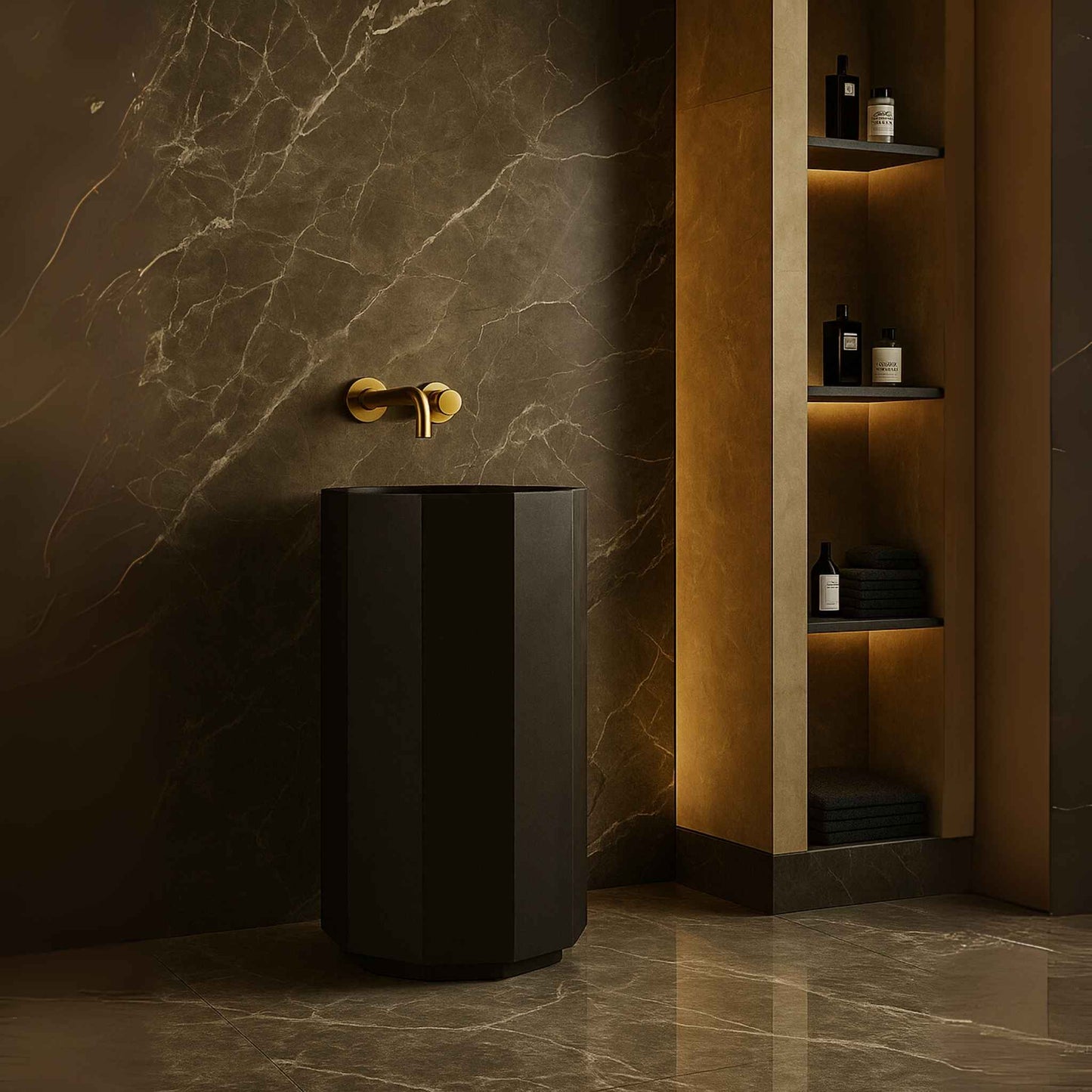 Front view of octagonal pedestal wash basin in a luxury bathroom