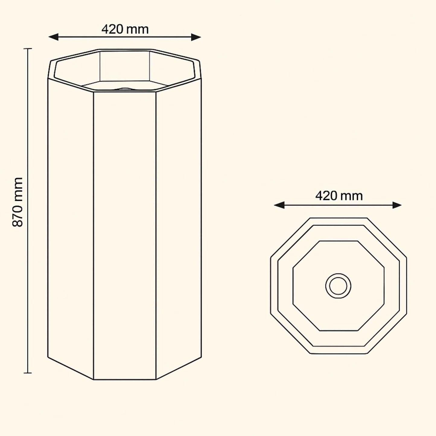 Technical drawing of a hexagonal cylindrical object with dimensions labeled.