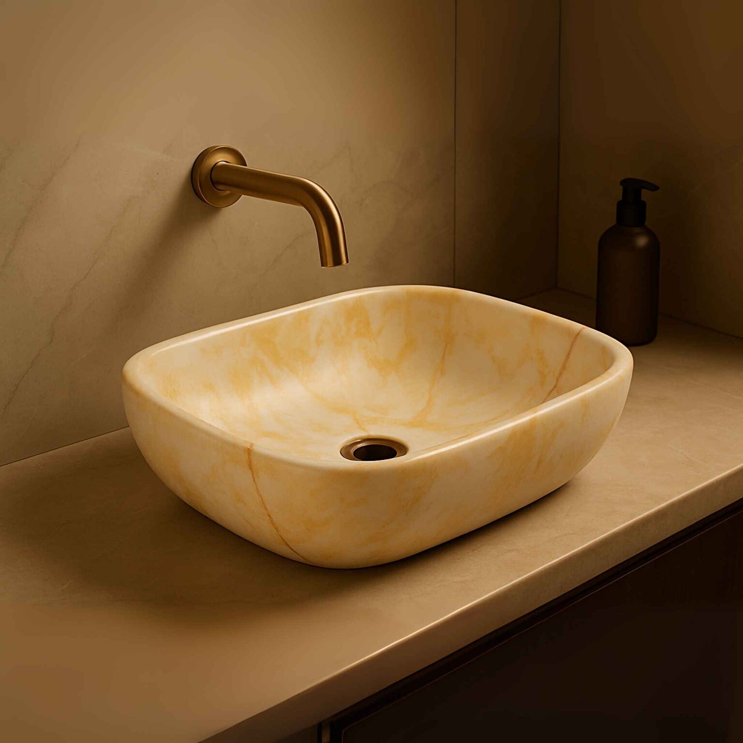 Side profile of a luxury oval marble washbasin showcasing elegant curves and premium finish on a modern vanity.