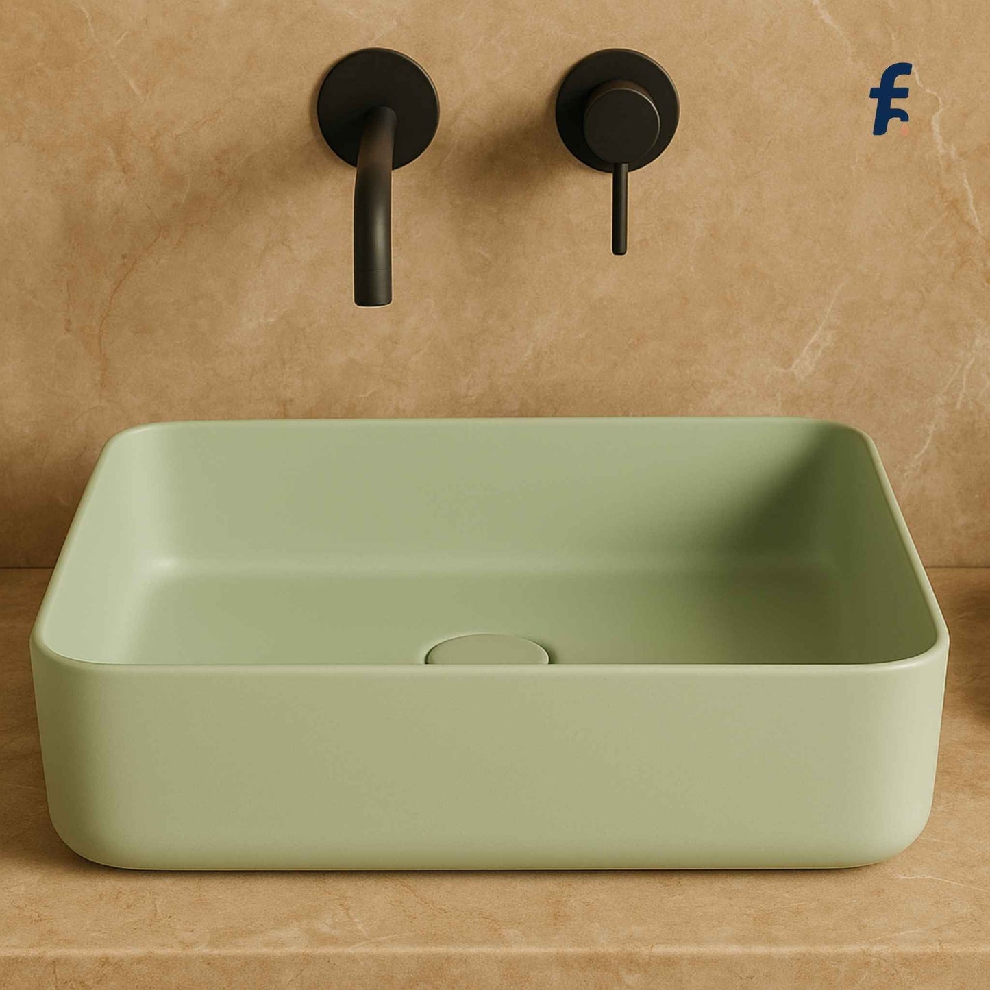 Green rectangular sink with black faucet against a beige wall, Designer pastel wash basin for modern vanity setup.