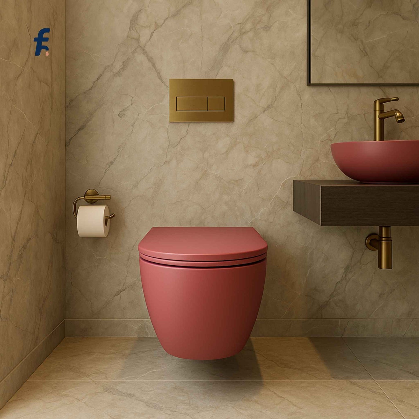 Pink wall-mounted toilet in a bathroom with beige marble walls and a red sink.