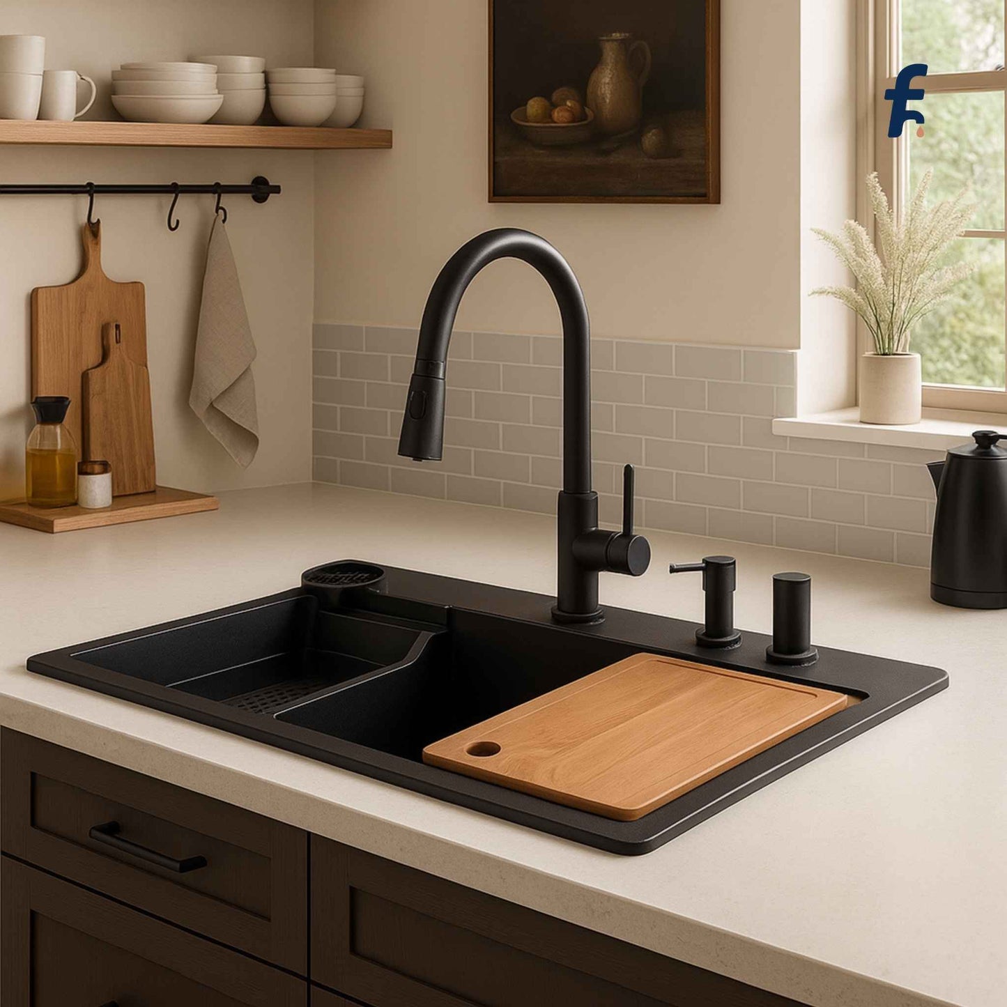Modern kitchen with black sink and faucet, wooden cutting board, and light-colored walls.