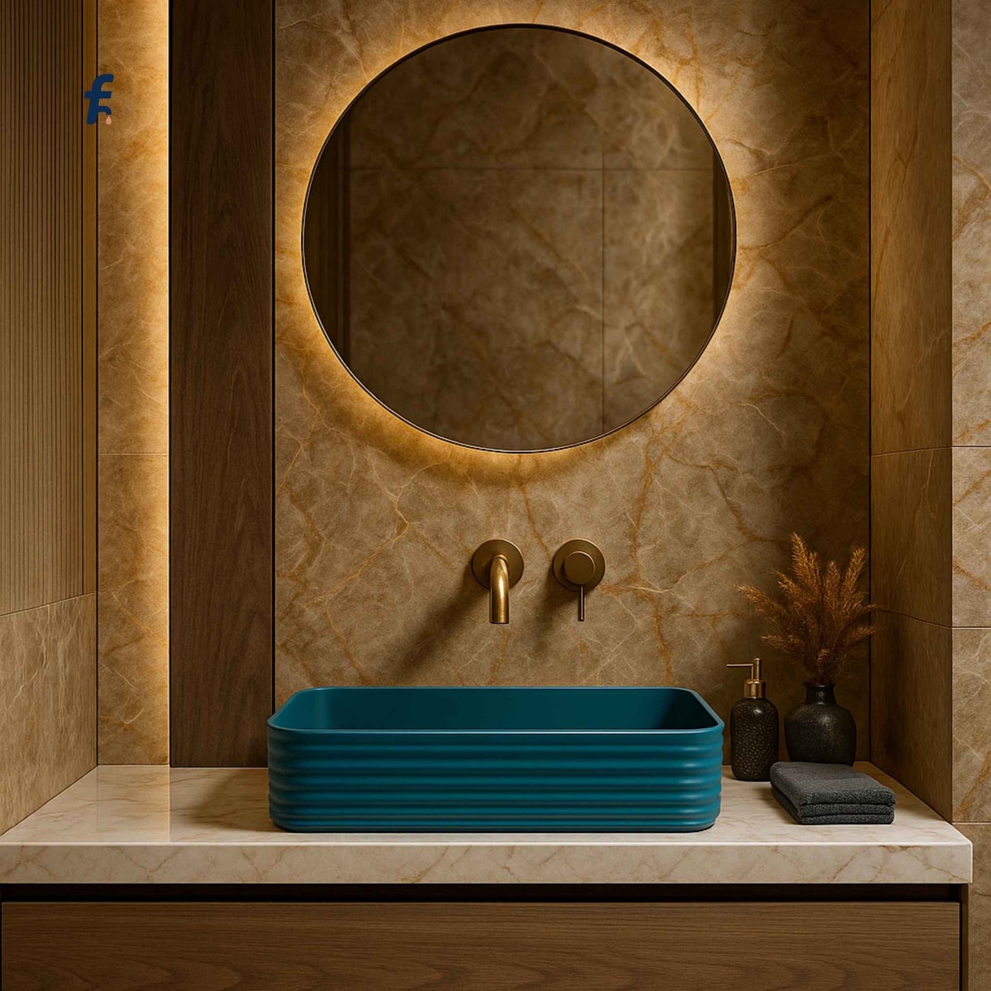 Bathroom vanity with blue sink, round mirror, and decorative elements.