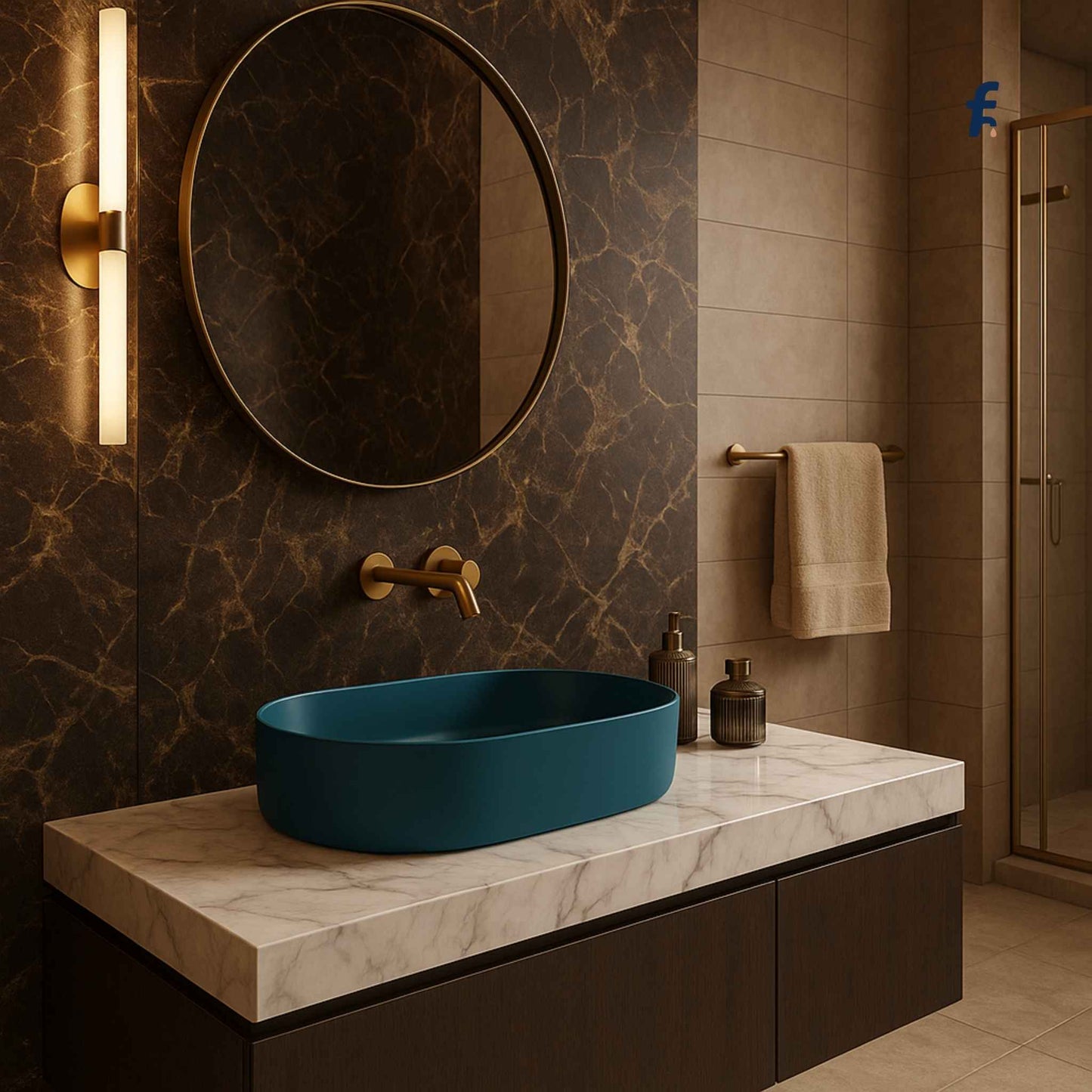Bathroom with a blue sink, round mirror, and gold fixtures.