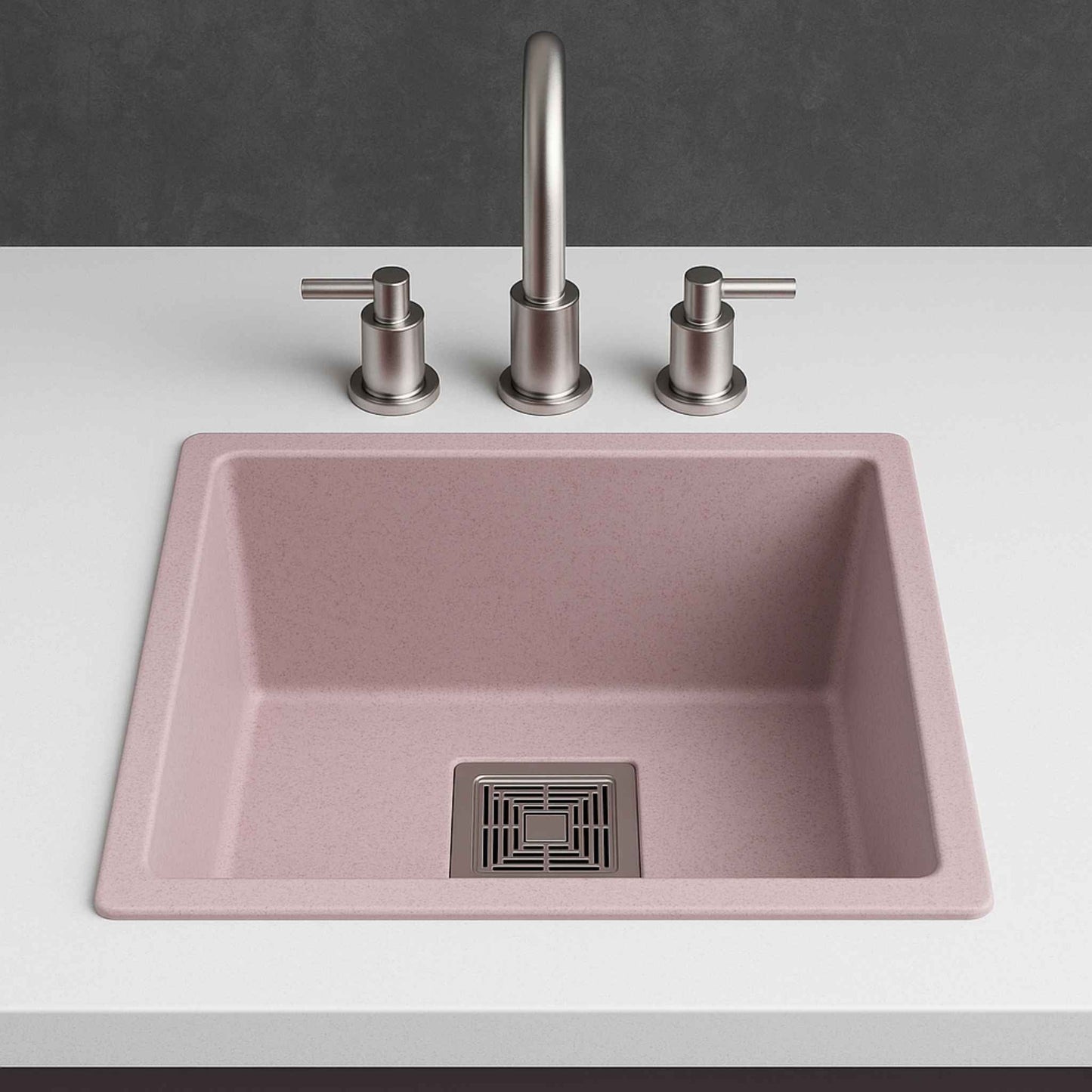 Front view of pink quartz granite kitchen sink with premium brushed steel faucet, perfect for luxury countertops.