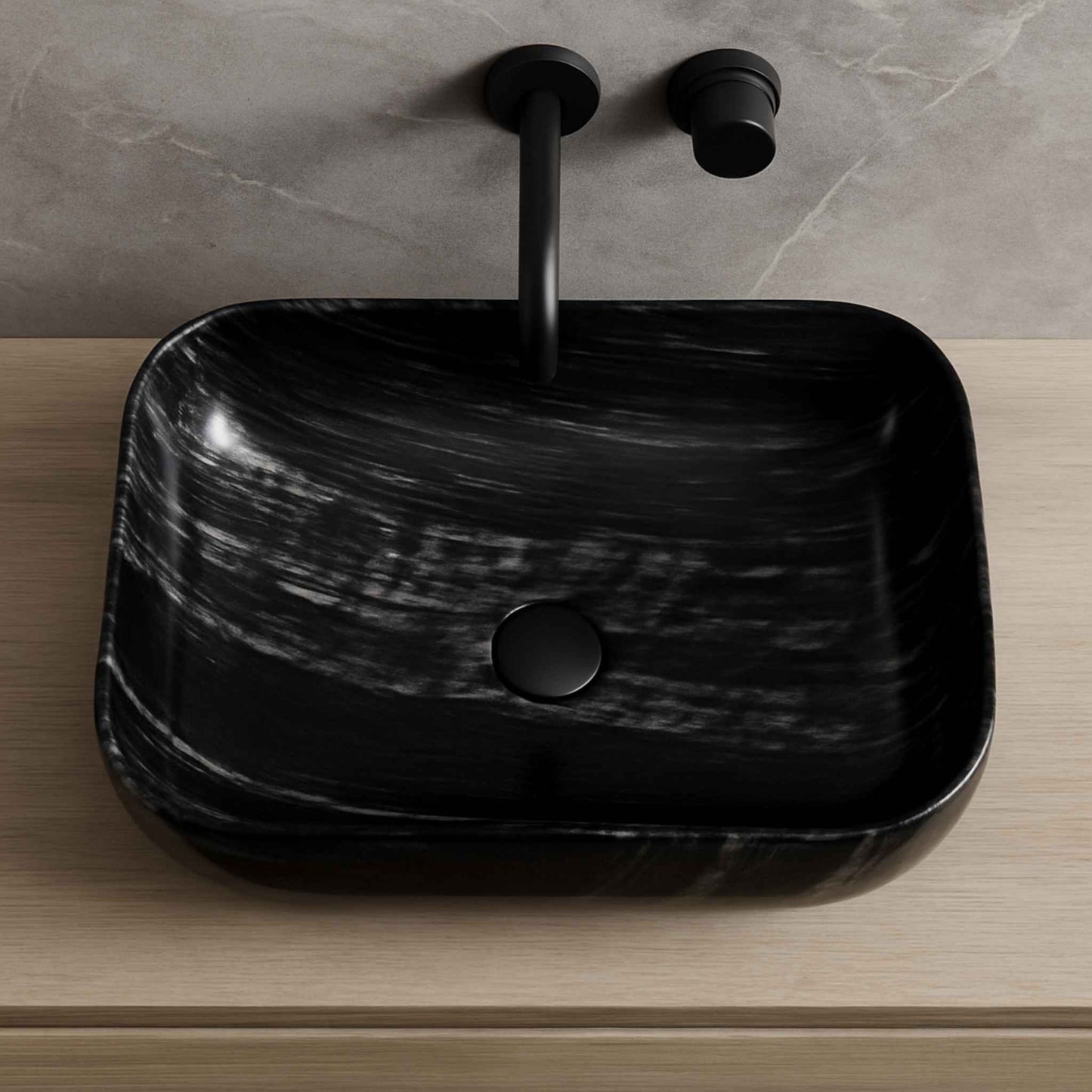 Top view of premium rectangular ceramic washbasin with black marble pattern