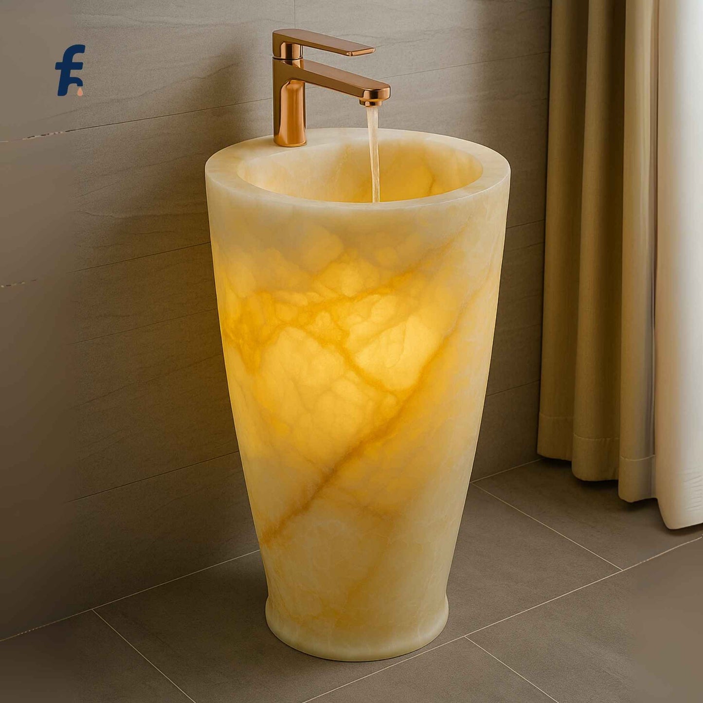 Marble sink with gold faucet in a bathroom setting, Premium brass rose gold bathroom faucet with leak-resistant valve