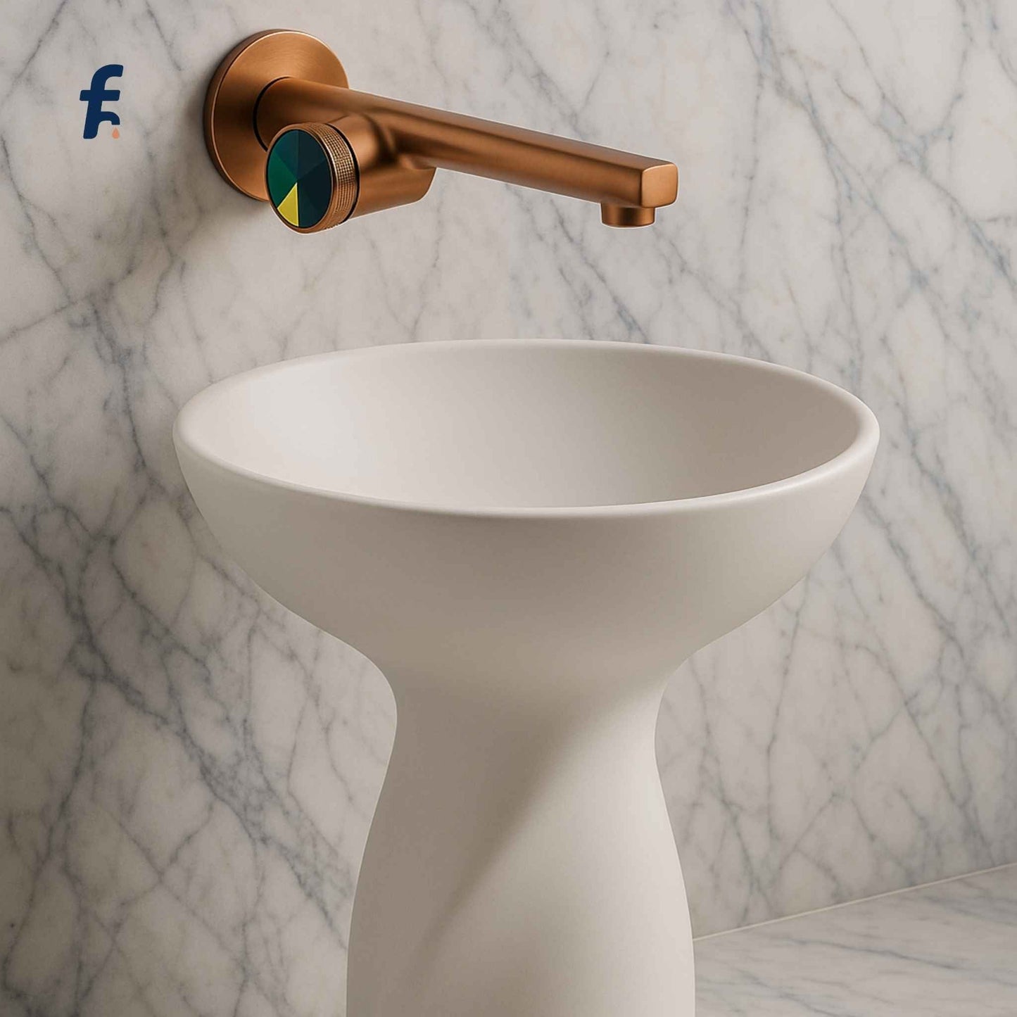 White pedestal sink with bronze faucet against a marble wall, Premium rose gold wall faucet with Neoperl aerator