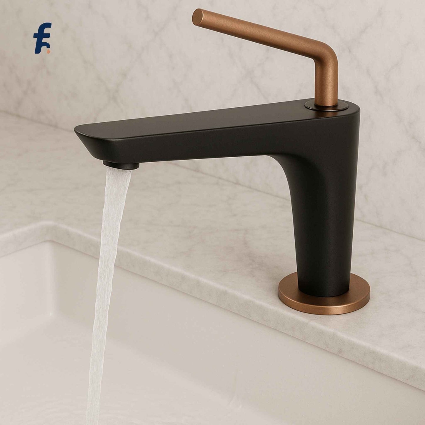 Black and bronze faucet with water flowing on a light gray background, Water flowing from matte black and rose gold luxury bathroom faucet