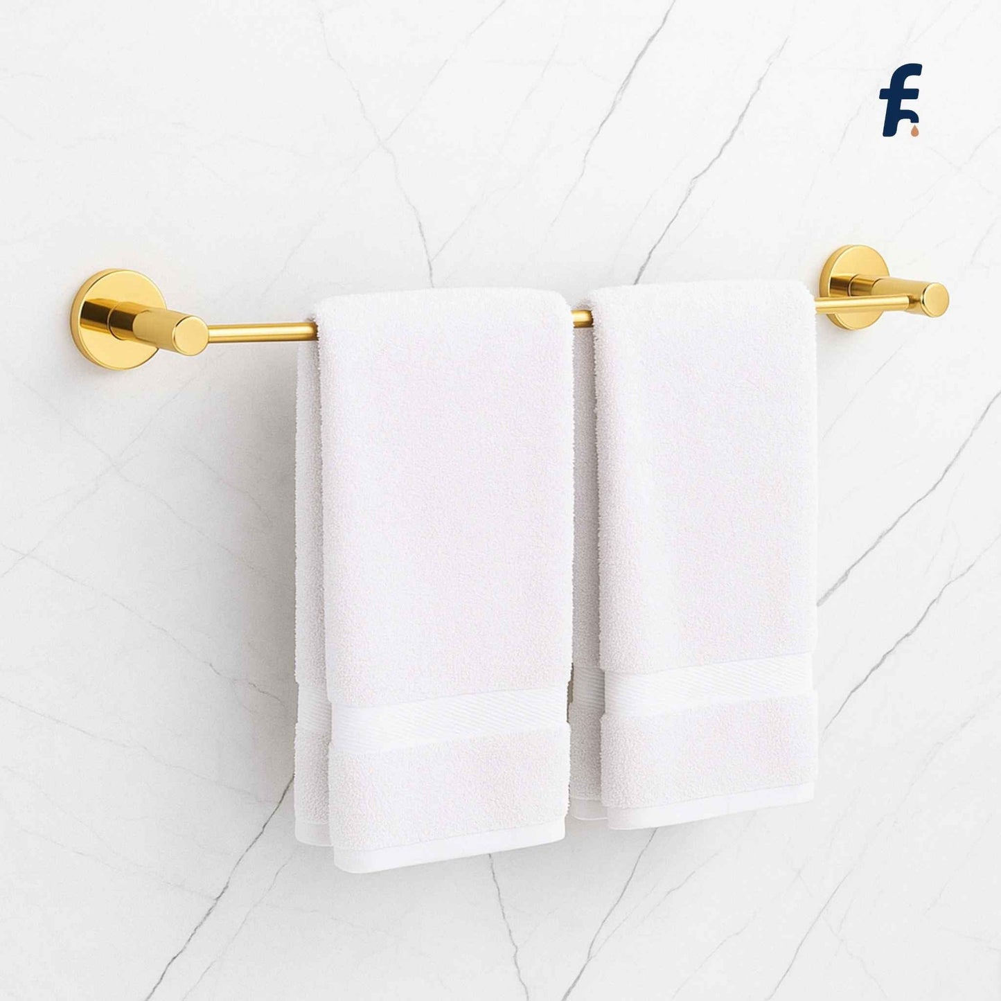Gold towel rack with white towels on a light gray wall, 24 inch wall mounted gold towel bar for modern bathroom décor