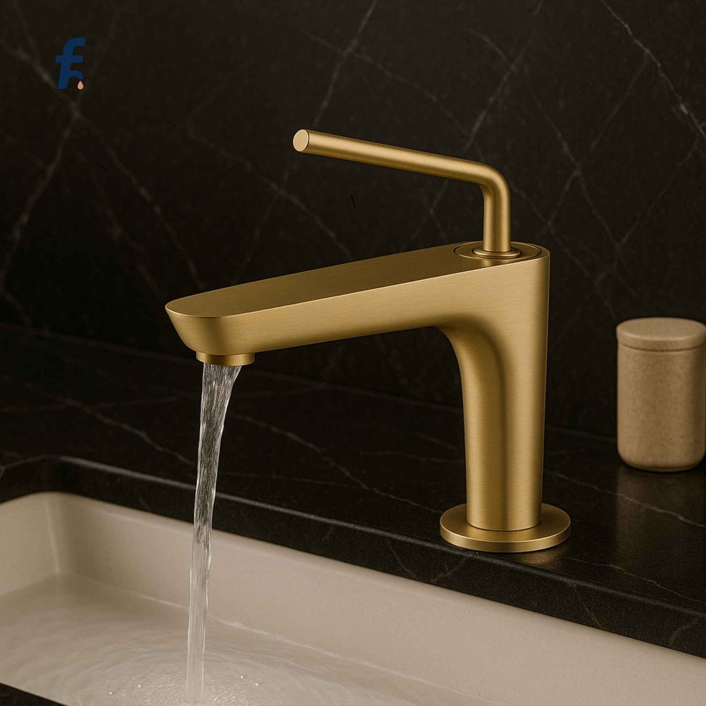 Gold faucet with water flowing into a sink against a dark tiled wall. Designer brushed gold faucet angled view on black Italian marble vanity