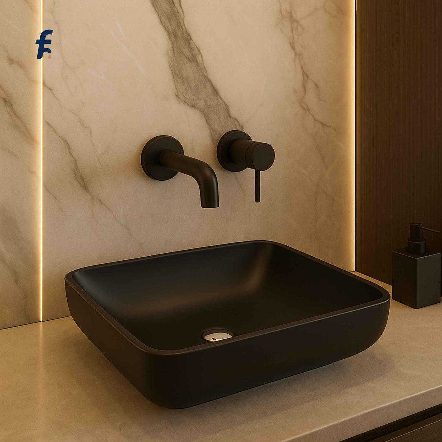 Full view of luxury bathroom with rectangular black glass sink