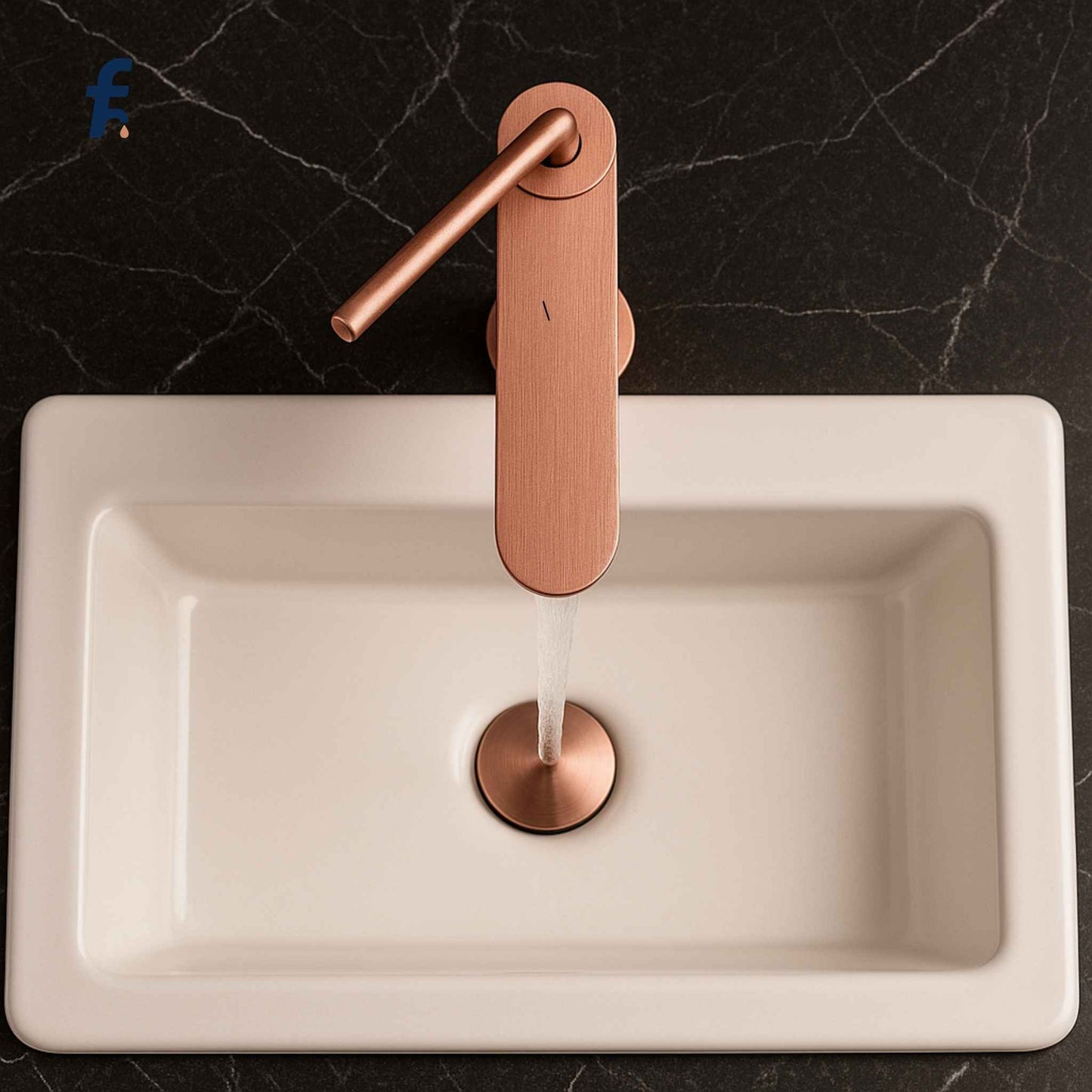 Beige sink with a rose gold faucet on a dark marble background, Close-up of brushed rose gold bathroom faucet highlighting premium finish